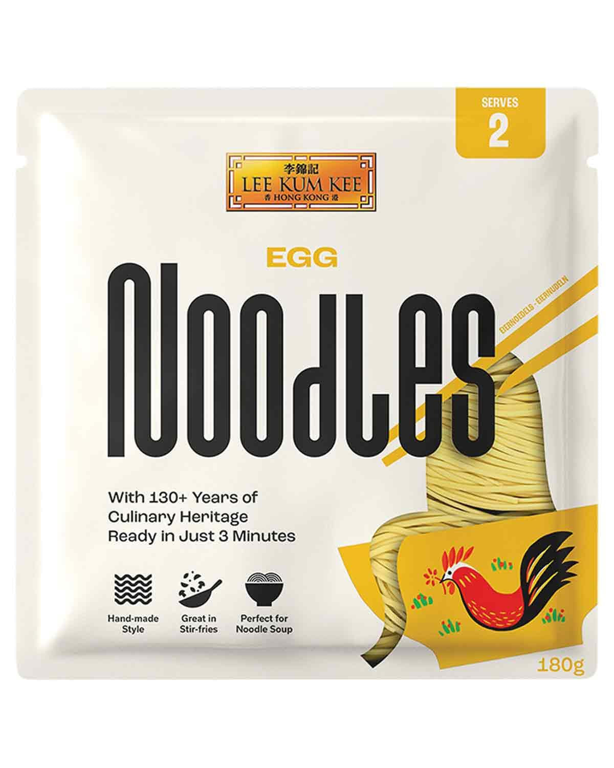 LEE KUM KEE Eiernudeln – Asiatische Eiernudeln, die Klassiker für Wok-Gerichte und Suppen, halbtrockene Nudeln, fertig in 3 Minuten, zwei Portionen pro Packung, 6 x 180 g Multipack