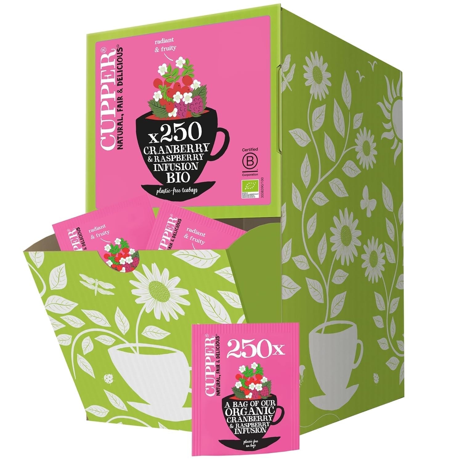 Cupper Bio-Früchtetee Cranberry Himbeere | Himbeertee | 250 ungebleichte Teebeutel | Großpackung | Perfekt fürs Büro | Ökologisch | Fairer Handel
