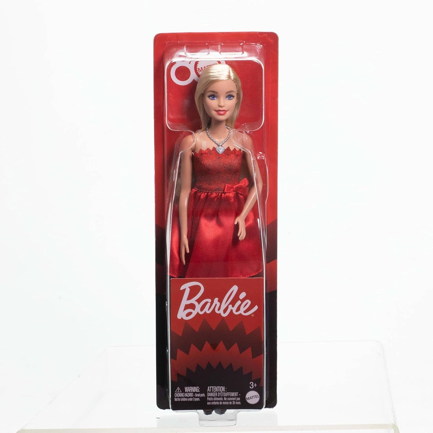 Mattel Rubinrote Blonde Barbie-Party-Modepuppe zum 80. Jubiläum rotes Kleid mit silbernen Schuhen und Halskette, Sammelspielzeug, JGD25