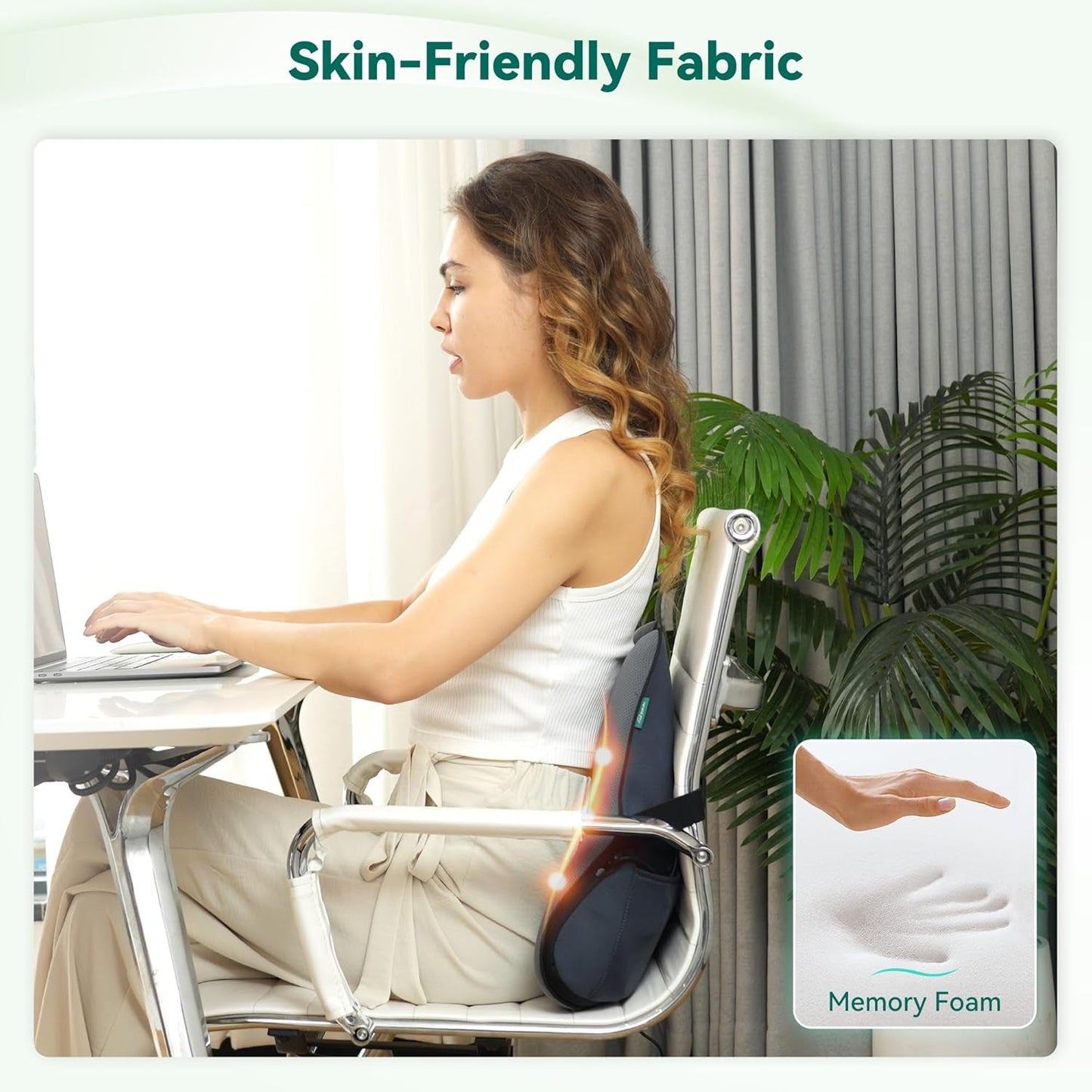 Snailax Ergonomisches Lendenwirbelstützkissen mit Massage und Wärme, Shiatsu-Rückenkissen aus Memory-Schaum, Sitzkissen mit 3 Massageintensitäten | 2 Heizstufen | 3 Timer | bequeme Sitzhaltung