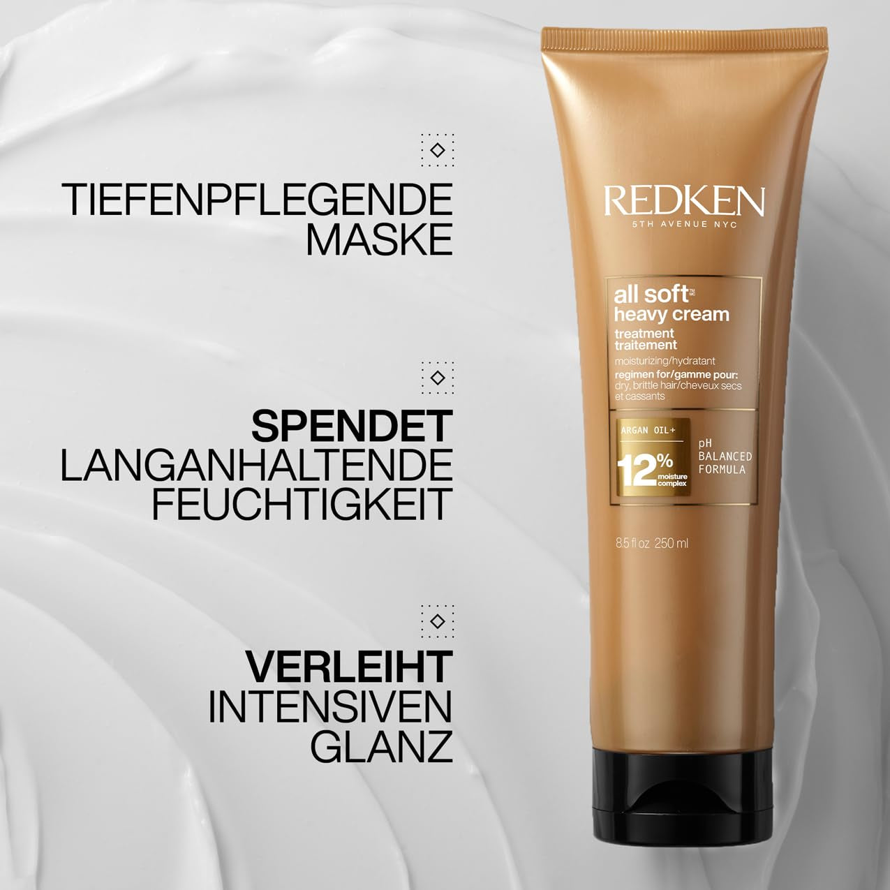 Redken Haarmaske für trockenes und sprödes Haar, revitalisiert und spendet Feuchtigkeit, mit Keratin-Komplex und Arganöl, All Soft Heavy Cream, 1 x 250 ml Naty Shop Haarmaske