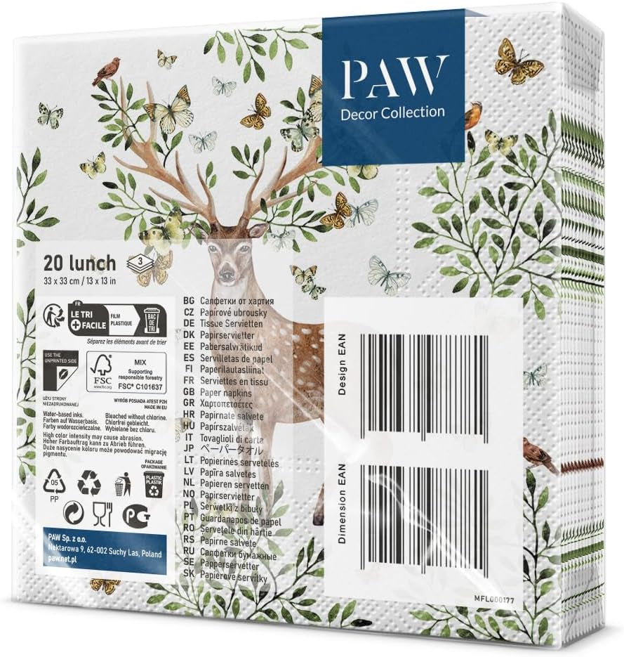 PAW – 3-lagige Servietten (33 x 33 cm) I 20 Stück I Perfekt für Kindergeburtstage, Partys, Kommunionen und Feiertage I Bunte Papierservietten mit Partymotiv I Tiere, Freude, Party – Geweih