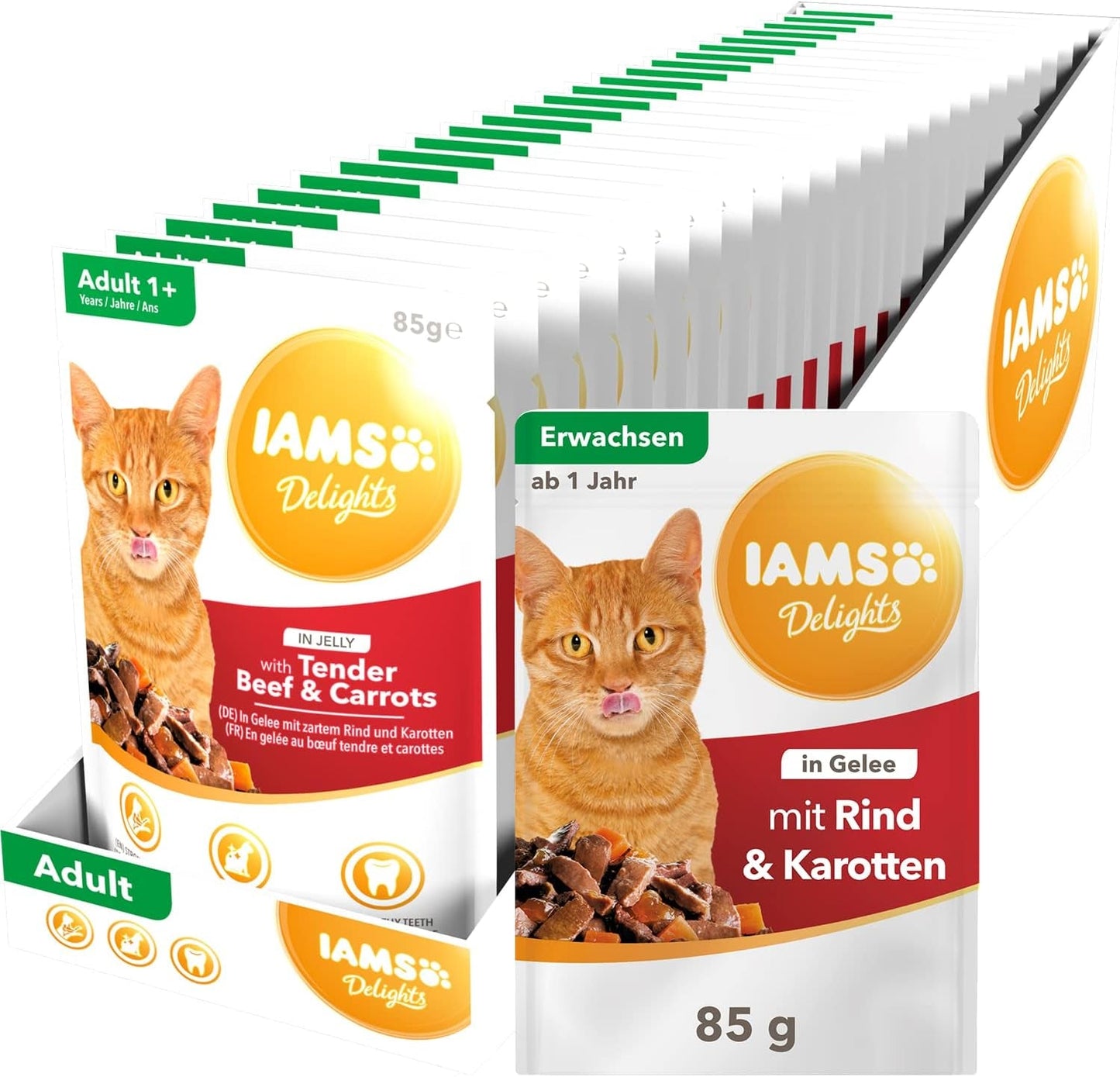 IAMS Delights Nassfutter für Katzen mit saftigem Rindfleisch und gelierten Karotten – Komplettes Nassfutter für ausgewachsene Katzen, 24 Beutel x 85 g