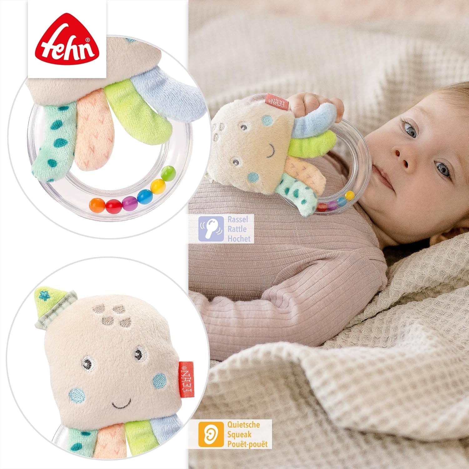 Fehn Oktopus Spielzeug Ringglocke – Rasseln, Quietschen, Fühlmotorikspielzeug – Plüschtier für Babys mit weichem Stoff – Spielzeug für Babys und Kleinkinder ab 0+ Monaten Babyspielzeug Naty Shop