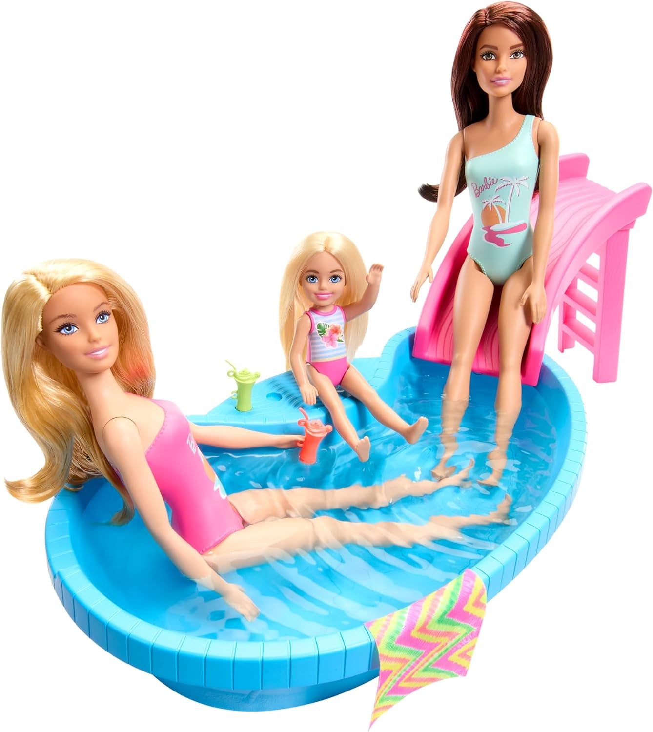 Barbie-Puppe und Zubehör – Pool mit Rutsche und Zubehör für stundenlangen Spaß in der Sonne, rosa Badeanzug mit tropischem Design, für Kinder ab 3 Jahren, HRJ74