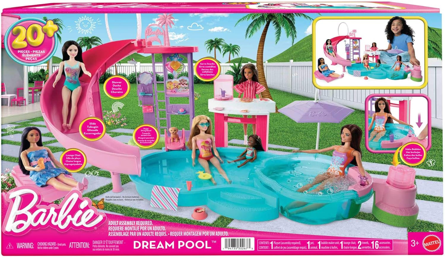 Barbie Dream Pool-Spielset mit sechs Spielbereichen, darunter Rutsche und Whirlpool, sowie über 20 Zubehörteilen wie einem Haustier, Schwimmringen und mehr, JKG83