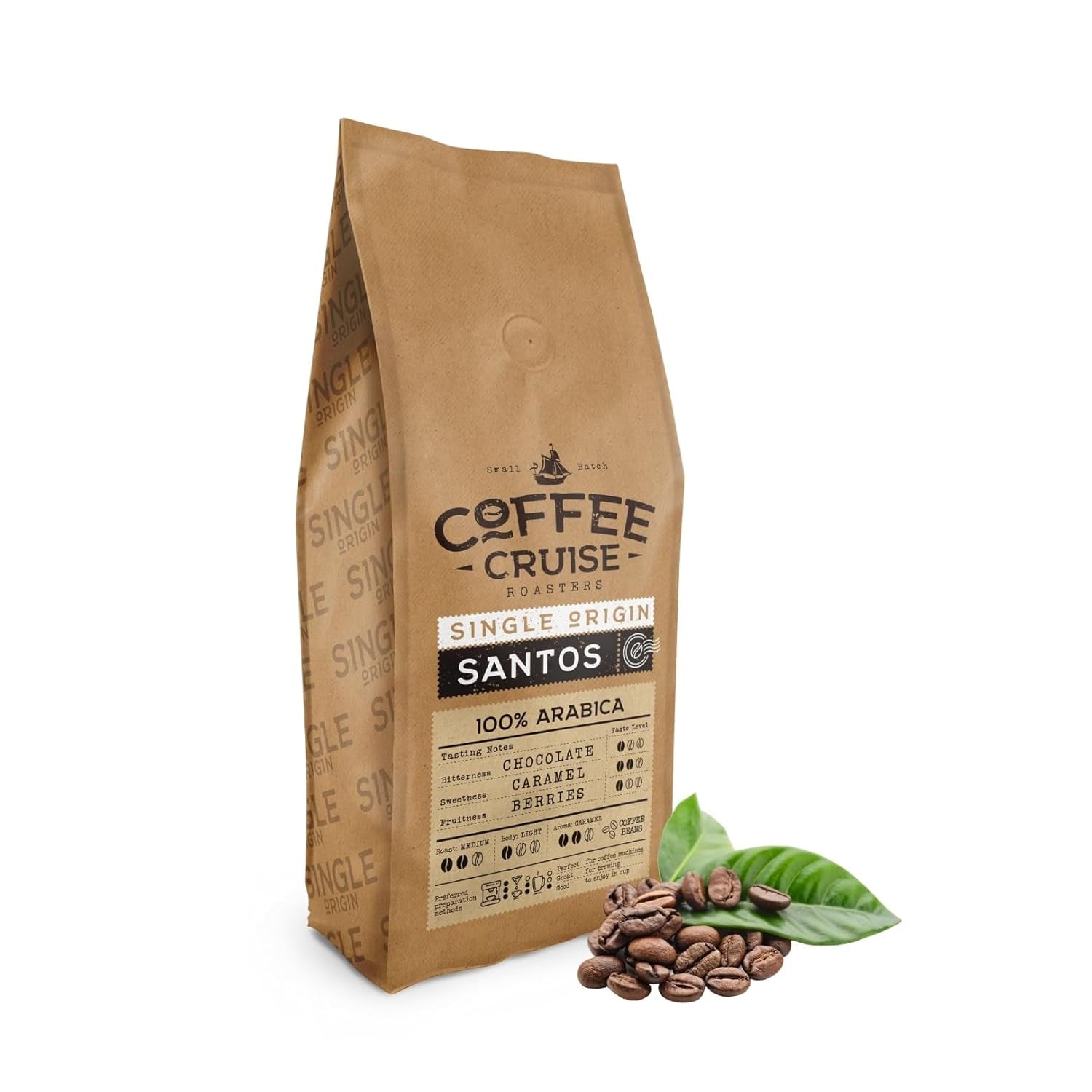 COFFEE CRUISE Santos Kaffeebohnen 1kg – Mittlere Röstung – Aroma Karamell – Für alle Kaffeemaschinen – 100 % arabisch