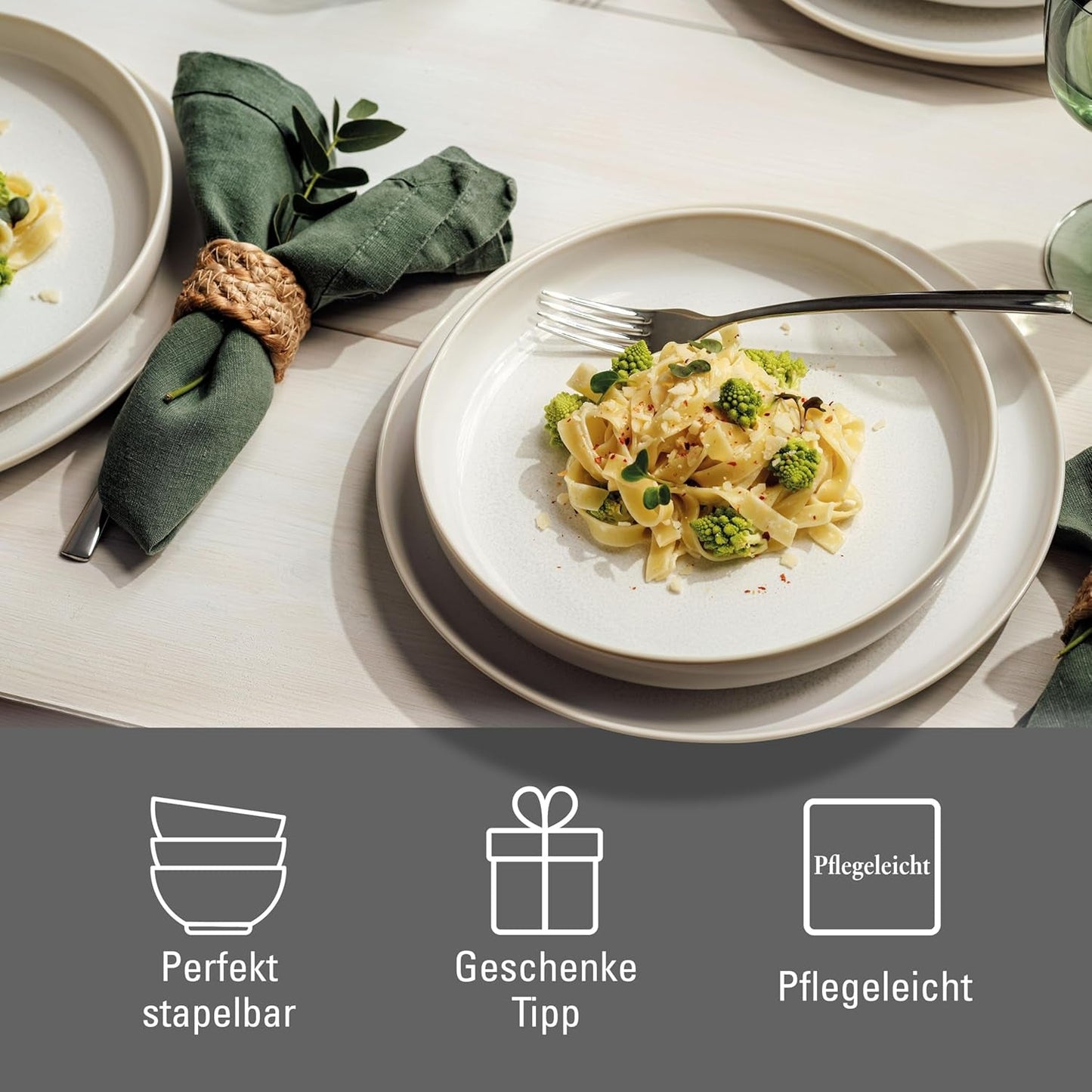 wie. by Villeroy & Boch – Crafted Cotton Dinner-Set 4 teilig Weiß, Spülmaschinenfest, Mikrowellensicher, Geschirrset, Tafelservice Modern, Speiseteller, Tiefe Teller, Pottery-Look, Premium Porzellan