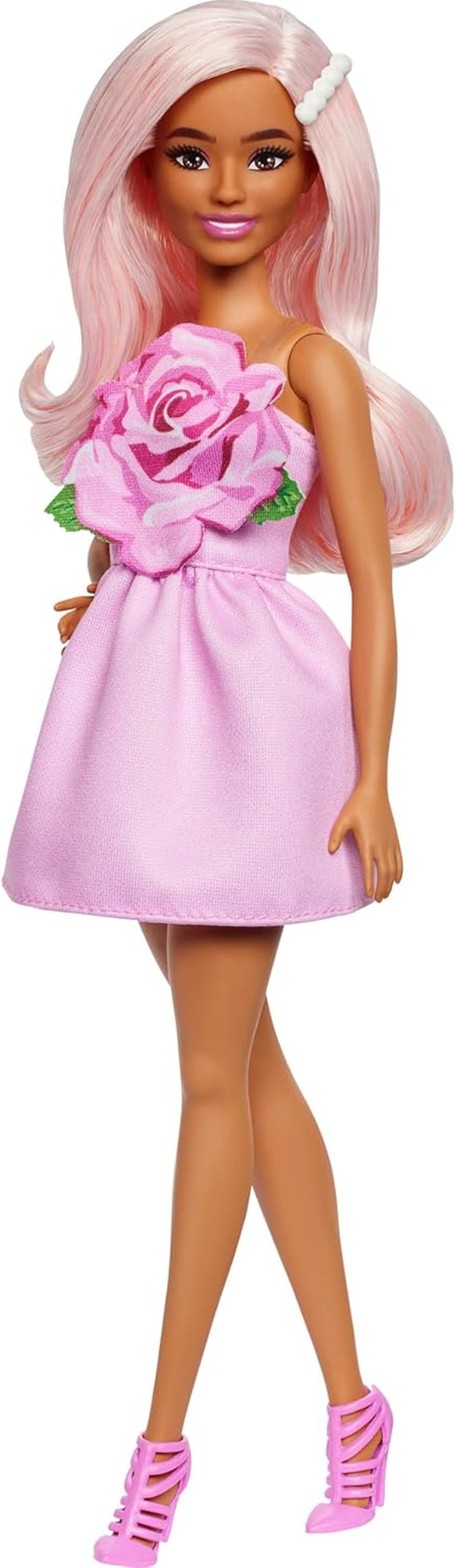 Barbie Fashionistas Puppe Nr. 238 mit pastellrosa Haaren, trägerlosem Kleid mit rosa Oberteil, Perlenhaarspange und Riemchen-High-Heels, HYT94 Naty Shop Dolls Standardtitel