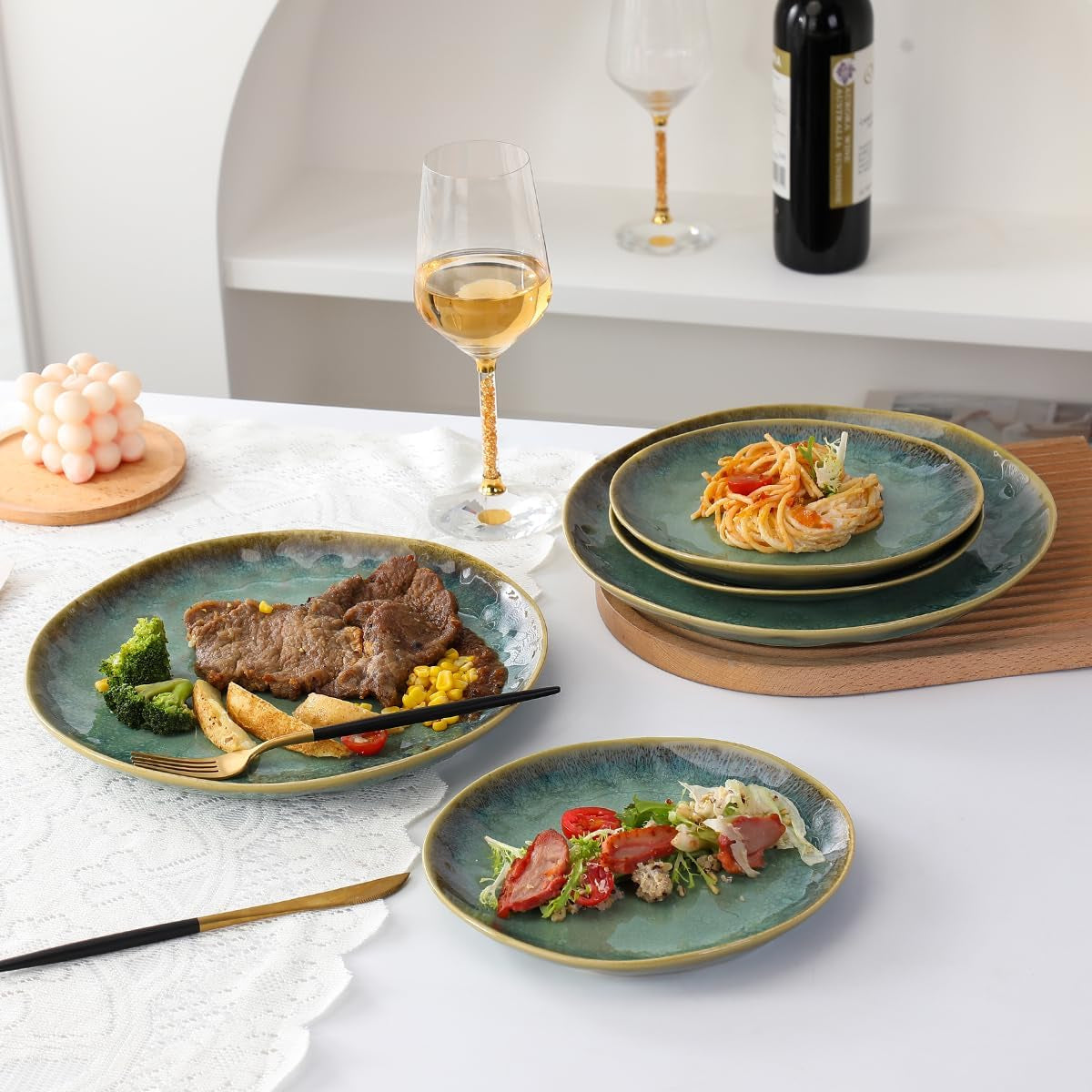 Henten Home Special Steinzeugteller, Snack- und Saucenschalen – 20 x 17 cm für 4 Personen, Frühstücksteller aus Porzellan – modernes grünes Design