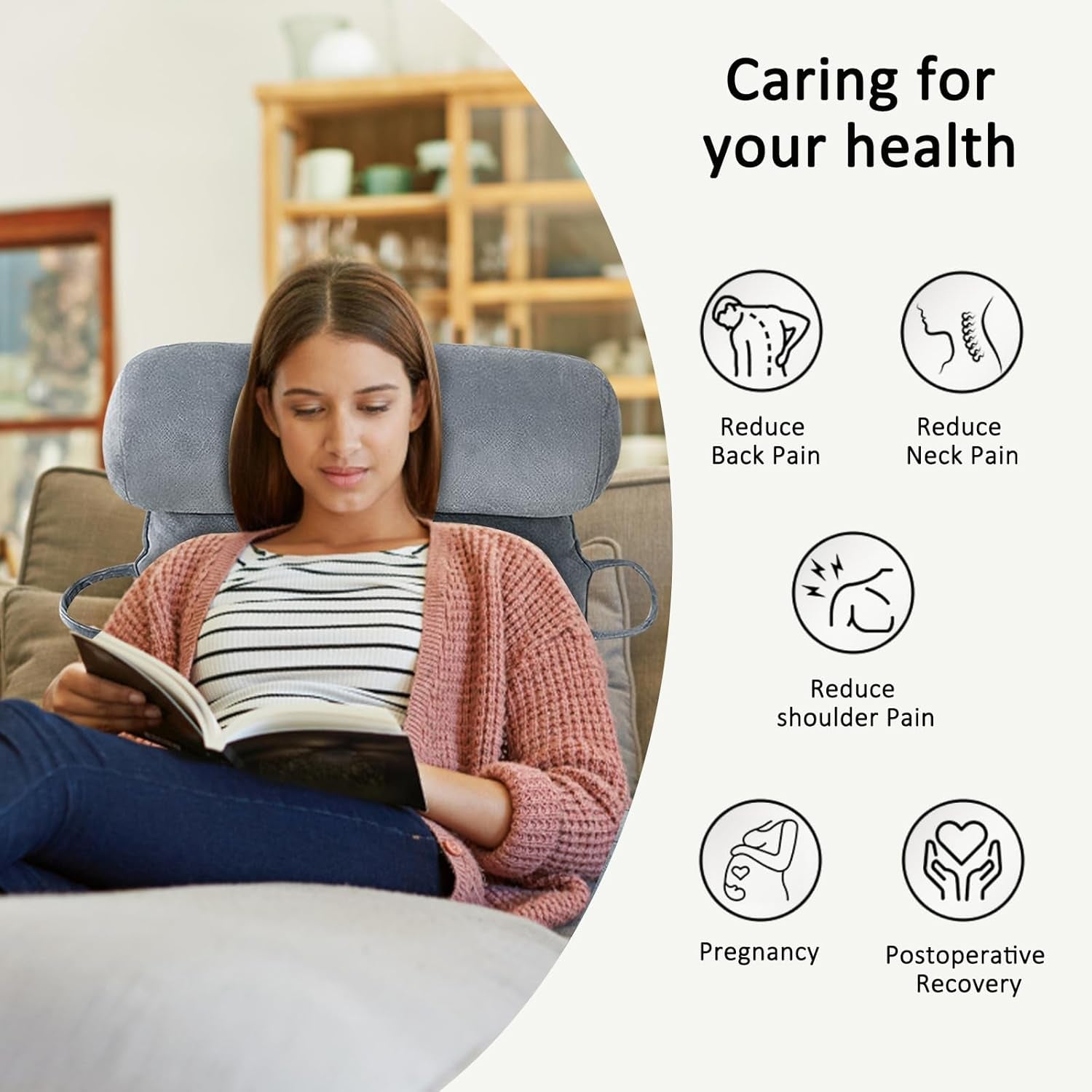 XL-Lesekissen für Bett und Sofa mit abnehmbarer Nackenrolle, ideales Rückenkissen für Erwachsene mit Memory-Schaum für bequemes Lesen, Arbeiten, Spielen, Fernsehen, Entspannen (Grau)