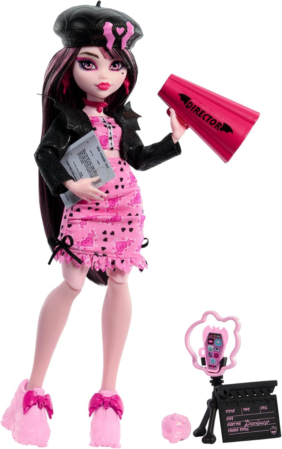 Monster High Draculaura-Puppe mit ihrem Haustier Count Fabulous Fledermauskatze und Zubehör wie Rucksack, Zauberbuch, Bento-Box und mehr, HRP64 Naty Shop Dolls Movie Club Theme