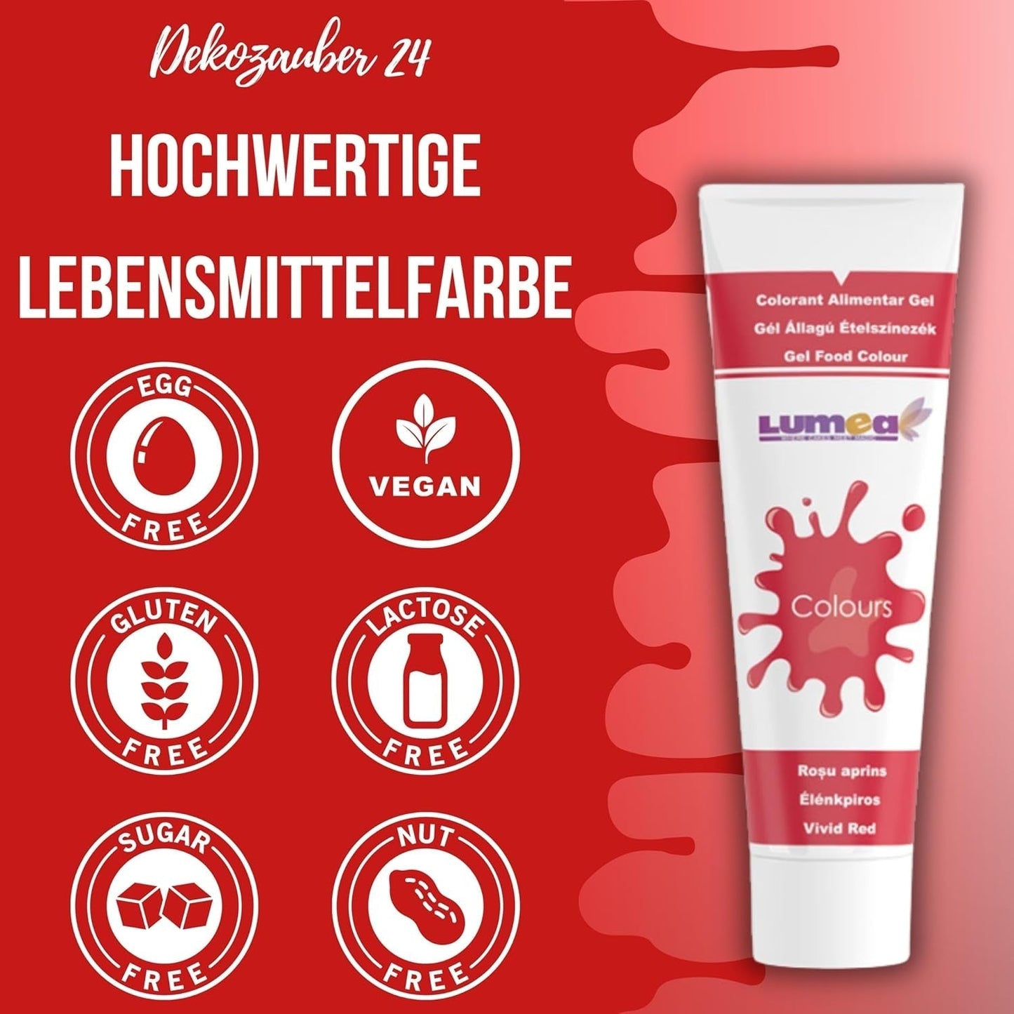 Dekozauber 24 rote Lebensmittelfarbe, Gel, 30 g, vegan, zuckerfrei, hochkonzentriert, rote Lebensmittelfarbe für Fondant, Buttercreme, Getränke und mehr
