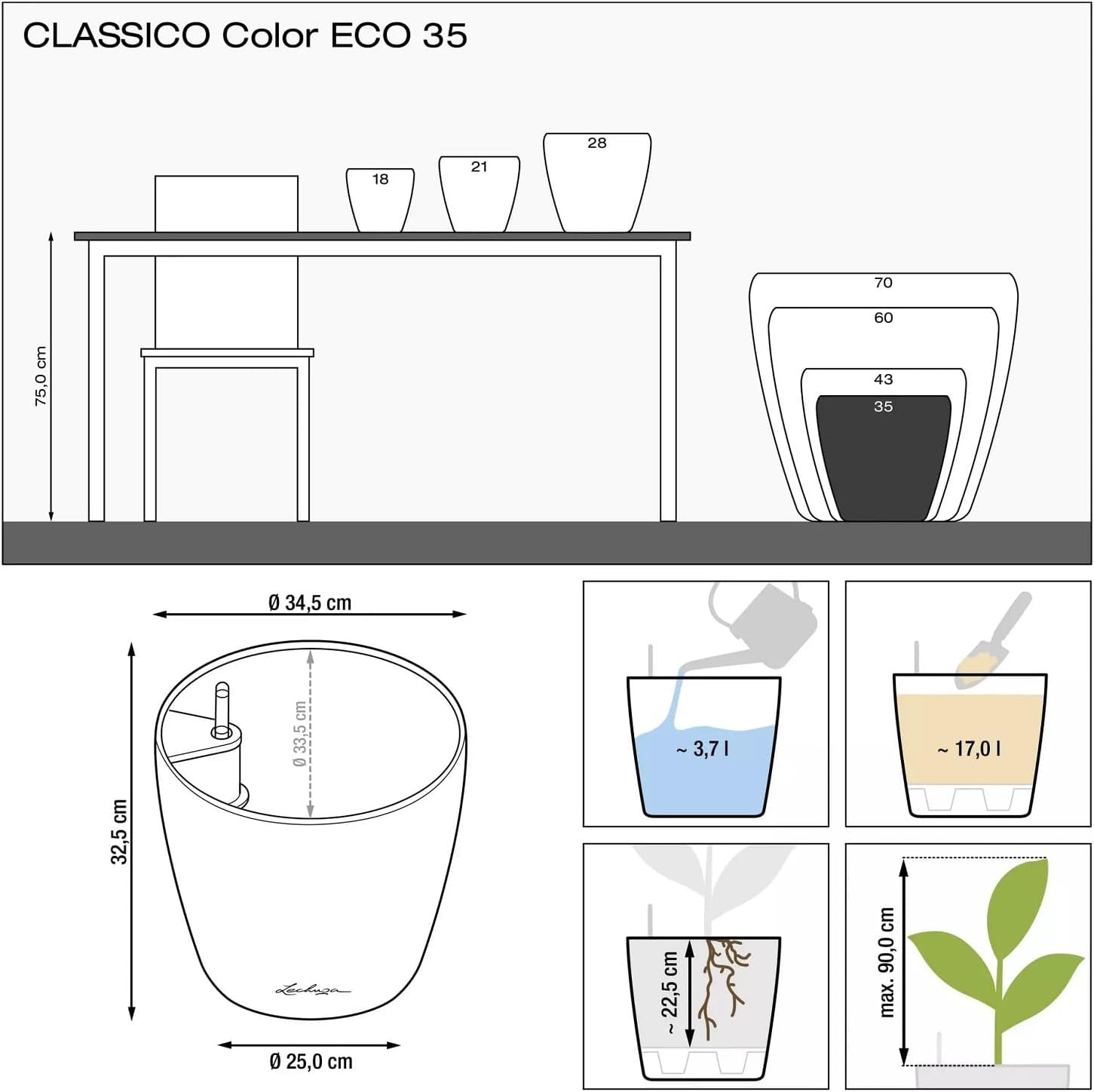 Pflanzgefäß LECHUZA Classico Color ECO 35 Dunkelgrau | Pflanzgefäß mit Bewässerungssystem und Wasserstandsanzeige | Hergestellt aus 100 % recyceltem Kunststoff | Mattes Finish | Ø 34,5 x 32,5 cm | 18935