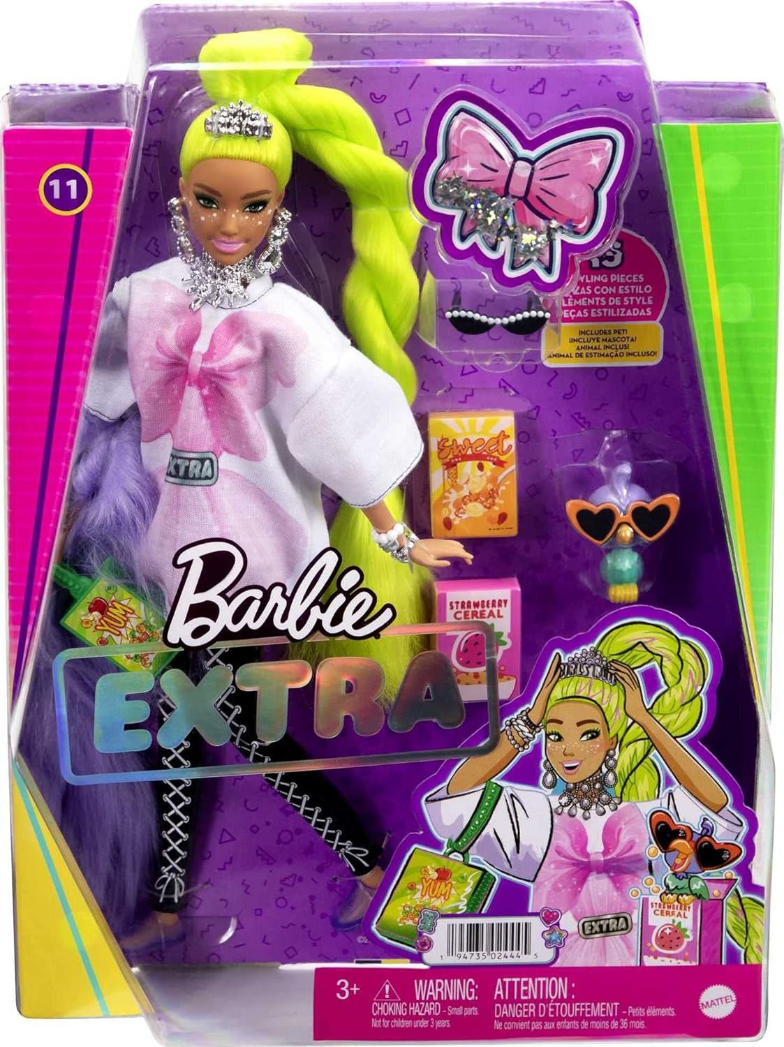 Barbie HDJ44 – Extra Puppe #11 in übergroßem T-Shirt & Leggings mit Haustier Papagei, extra langes neongrünes Haar & Zubehör, Flexible Gelenke, Spielzeug Geschenk für Kinder ab 3 Jahren