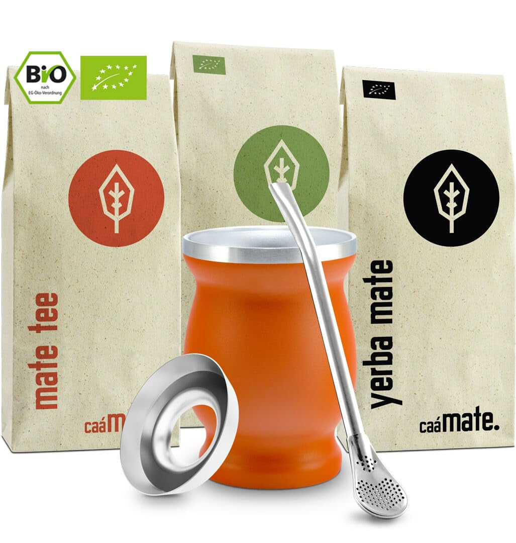 Mate Bio-Teeset ● 3 Sorten Mate + doppelwandiger Mate-Becher aus Edelstahl + Bombilla + Zubereitungsanleitung (schwarz)