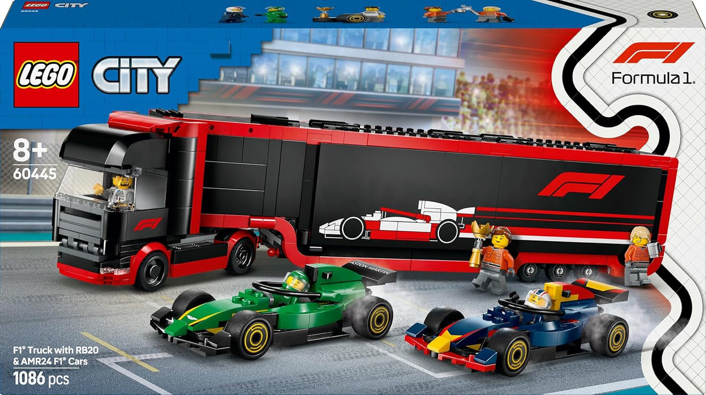 LEGO City F1 Transporter mit RB20 & AMR24 F1 Rennwagen – Spielzeugautotransporter für Red Bull & Aston Martin Formel 1 Teams – inkl. 5 Minifiguren – Geschenk für Jungen und Mädchen ab 8 Jahren 60445 Bausätze Besuchen Sie den LEGO-Store