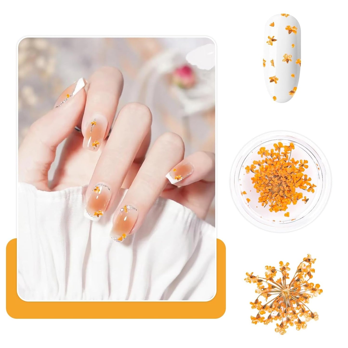 Nail Art Flowers Set Dekoration - Gelnägel Zubehör 3 Farben(Orange,Blassrosa,Rose),Nail Art Aufkleber Trockene Blumen Kit Getrocknete Blumen Zubehör Set DIY Nageldekoration