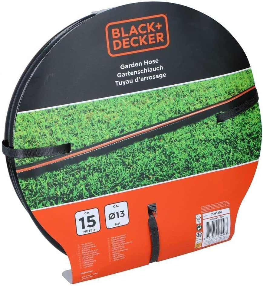 BLACK+DECKER Gartenschlauch 15 Meter – Ø13MM – Strapazierfähiges PVC – Den Garten bewässern, das Auto waschen, den Pool füllen – Kompatibel mit jedem Standard-Wasserhahn – Schwarz/Orange
