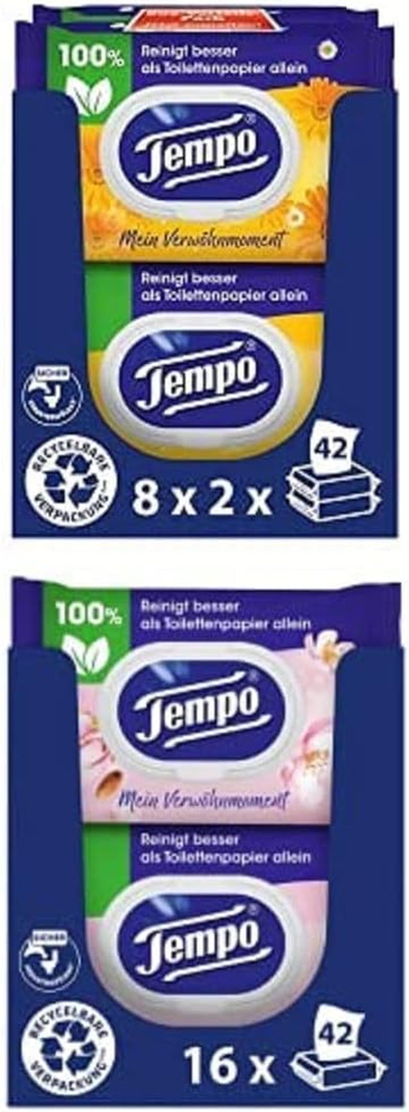 Packung Tempo Moist My Pampering Moment Calendula Toilettentücher (16 Stück) und Tempo Moist Toilettentücher Mandelmilch & Panthenol (16 Stück)