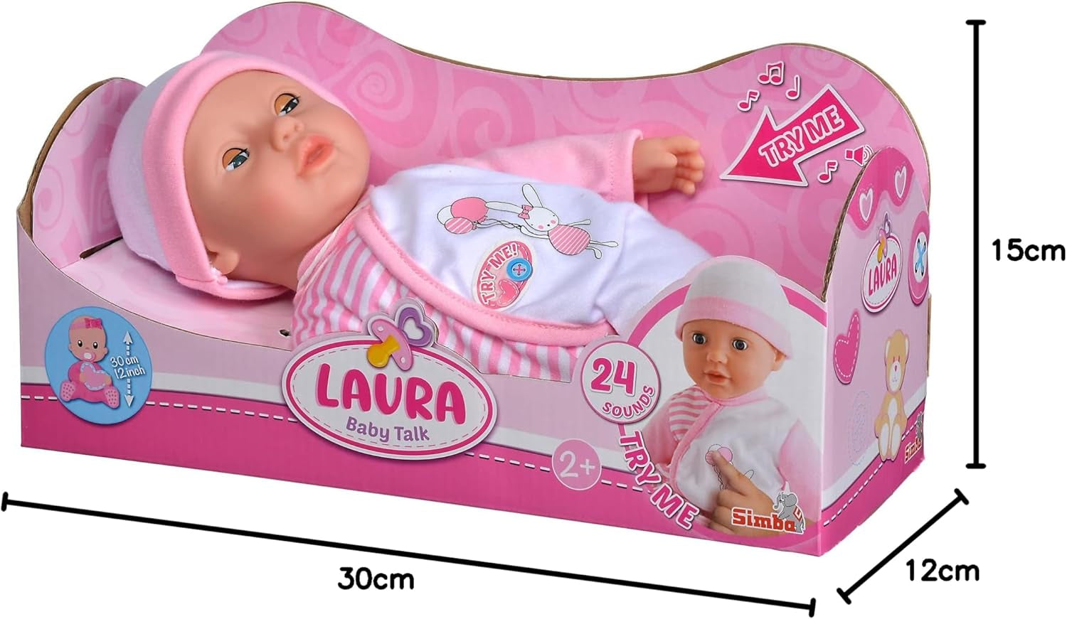 Simba 105140020 – My Love Baby Talk Puppe mit weichem Körper und Schlafaugen in süßem Kleid, macht 24 Babygeräusche, 30 cm große Babypuppe ab 2 Jahren, weiß, rosa, Naty Shop Dolls