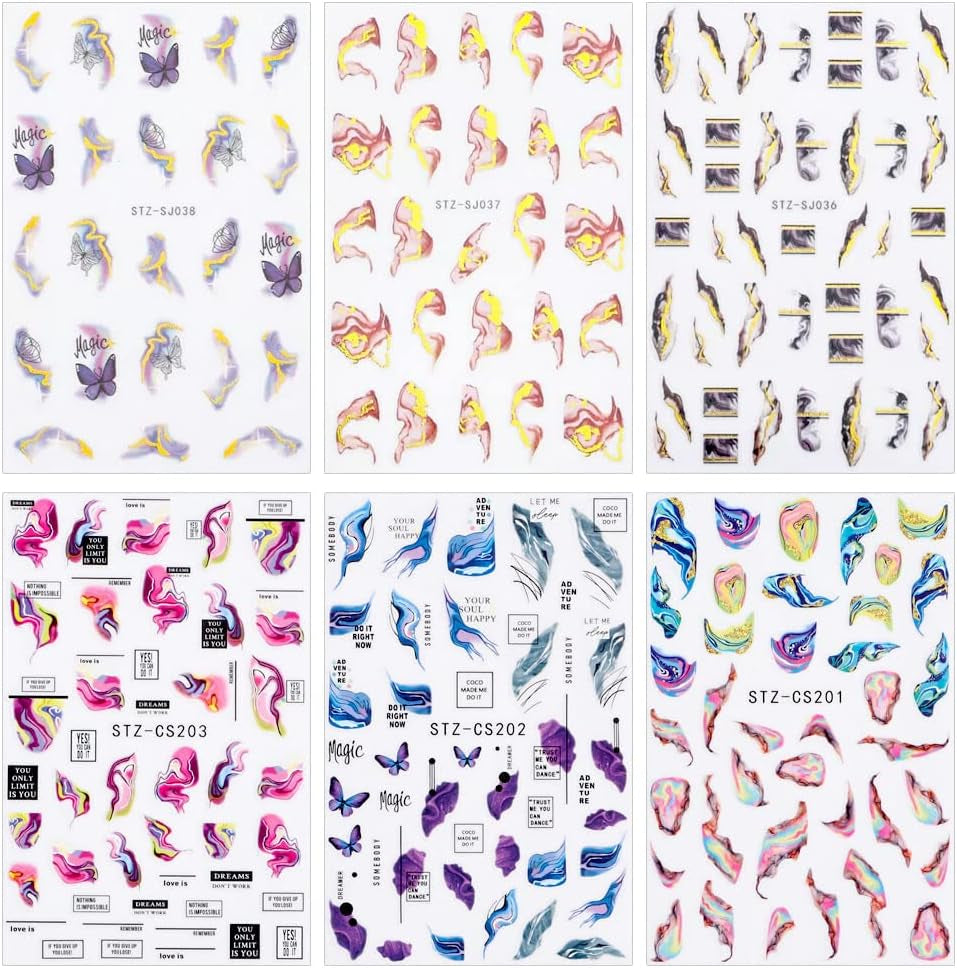 6 Blatt 3D Lila Schmetterling Nagelstickers Selbstklebend Nagelaufkleber Schmetterlinge Nail Sticker Bunte Blühen Marmor Nagel Aufkleber Regenbogen Welle Linien Nail Art Aufkleber Nageldesign Zubehör