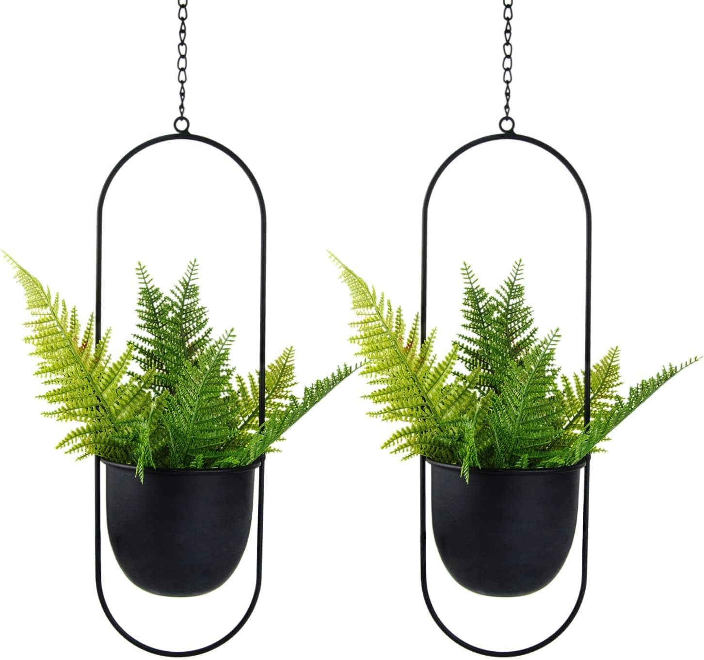 Hängende Blumentöpfe aus Metall, 2 Stück, schwarz, ovaler geometrischer Pflanzenaufhänger mit Töpfen, moderner Wand- und Deckenpflanzer für drinnen und draußen, 15,2 cm, Blumentöpfe 2 Stück