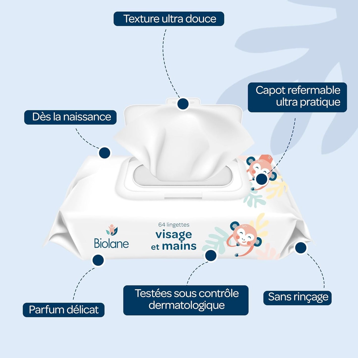 BIOLANE – Baby-Feuchttücher für Gesicht und Hände – 6er-Pack – 384 Tücher (6 x 64 cm) – reinigt und schützt – Toilettenartikel – hypoallergen – für empfindliche Haut – 97 % natürliche Inhaltsstoffe – hergestellt