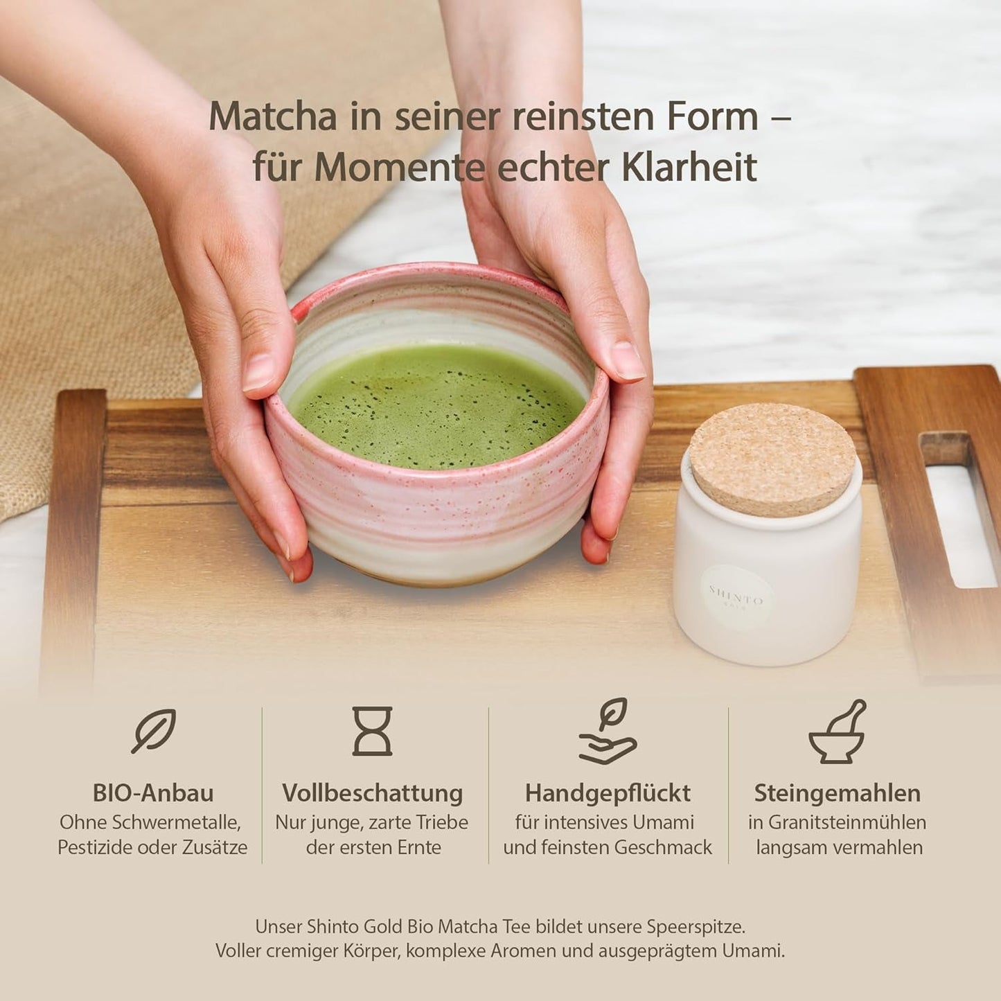 Shinto – „Gold“ Bio-Matcha-Tee – Grüntee-Pulver in Zeremonienqualität – JAS- und EU-BIO-zertifiziert – schattiert und handverlesen – Direktimport aus Uji, Japan – 30 g