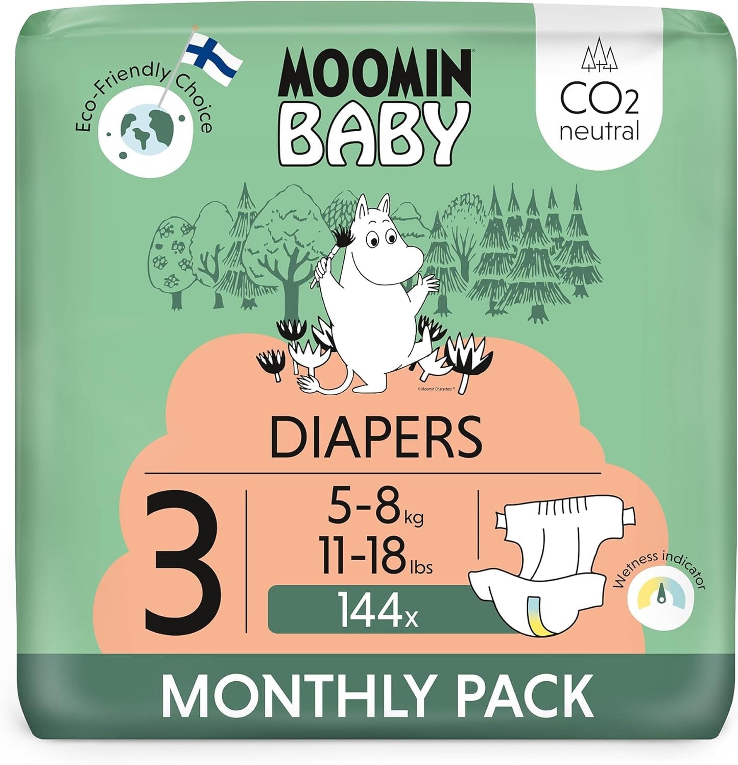 Mumin-Baby-Öko-Windeln, Größe 3, 5–8 kg, 48 Stück, hochwertige weiche Windeln | Weich und hautfreundlich, atmungsaktiv, saugfähig, keine unnötigen Chemikalien |