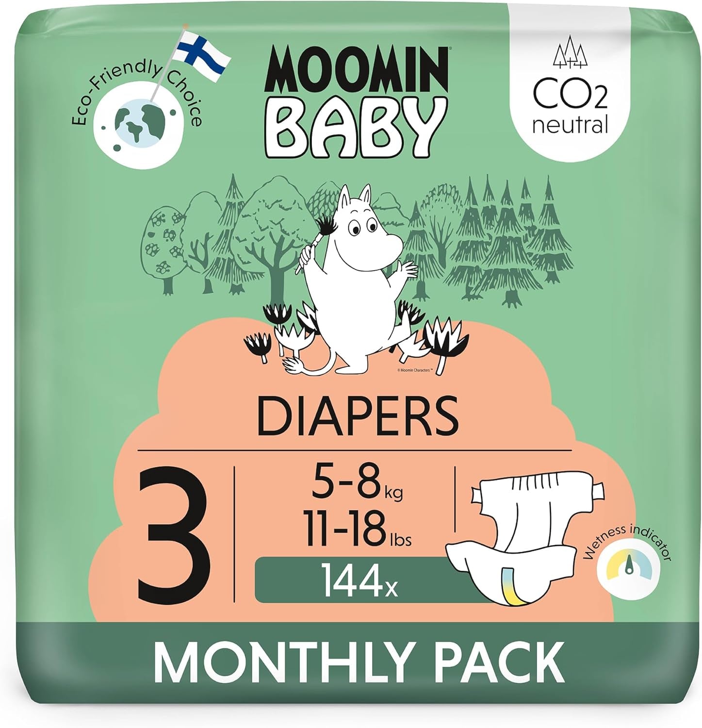 Mumin-Baby-Öko-Windeln, Größe 3, 5–8 kg, 48 Stück, hochwertige weiche Windeln | Weich und hautfreundlich, atmungsaktiv, saugfähig, keine unnötigen Chemikalien |