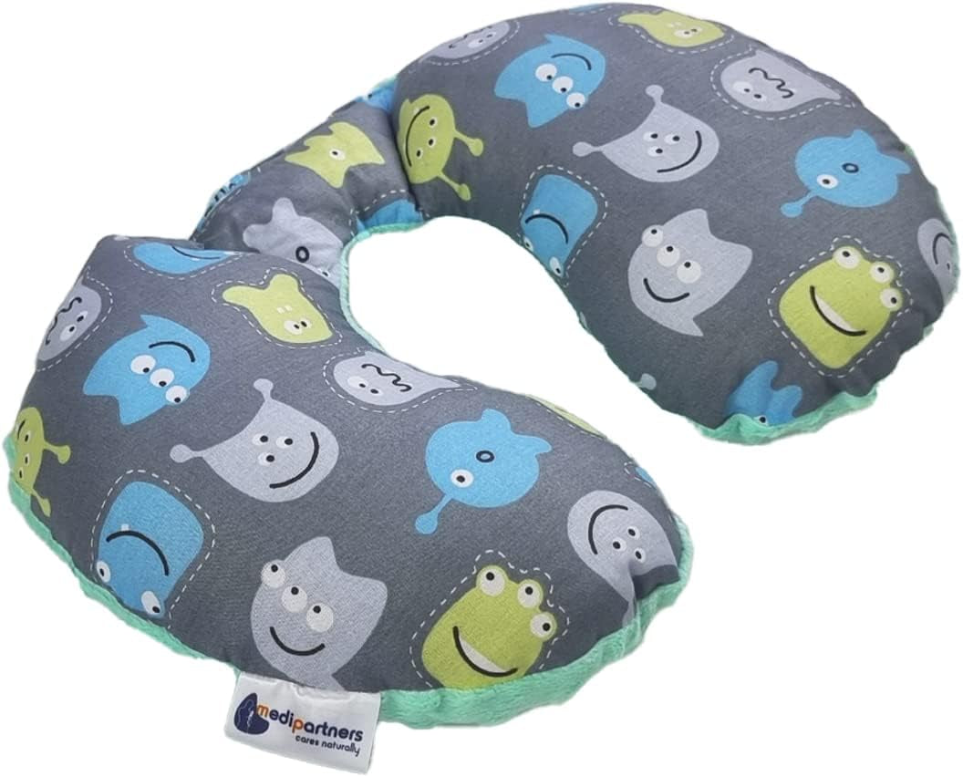 Medi Partners Baby-Nackenkissen Nackenstütze 100 % Baumwolle / Minky Baby-Nackenkissen für Auto, Kinderwagen, Reisen, Reisen, Schlafen, Nackenkissen, Schlummerrolle (REH mit grauem Minky) Zervikale orthopädische Kissen Naty Shop Creatures mit Minzer Minky