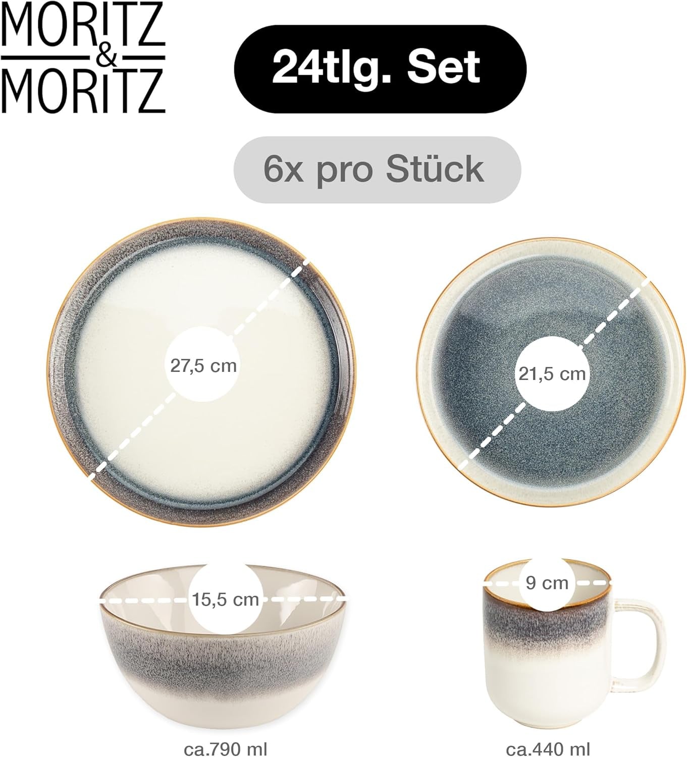 Moritz & Moritz TARENTO 24-teiliges Tafelservice für 6 Personen, Grau – Elegantes Tellerset aus hochwertigem Steingut – Das Tafelservice besteht aus 6 Speisetellern, 6 Desserttellern, 6 Speisetellern und 6 Tassen