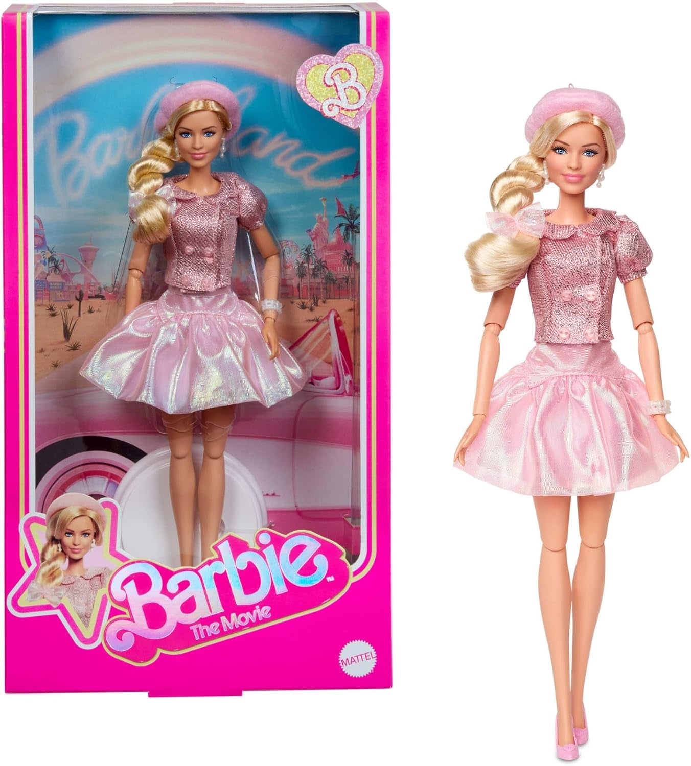 Barbie Der Film basierend auf dem Film Margot Robbie als Barbie-Sammelfigur in rosa Bluse und Tüllrock mit stilisierter Frisur und passendem Schmuck JBJ53