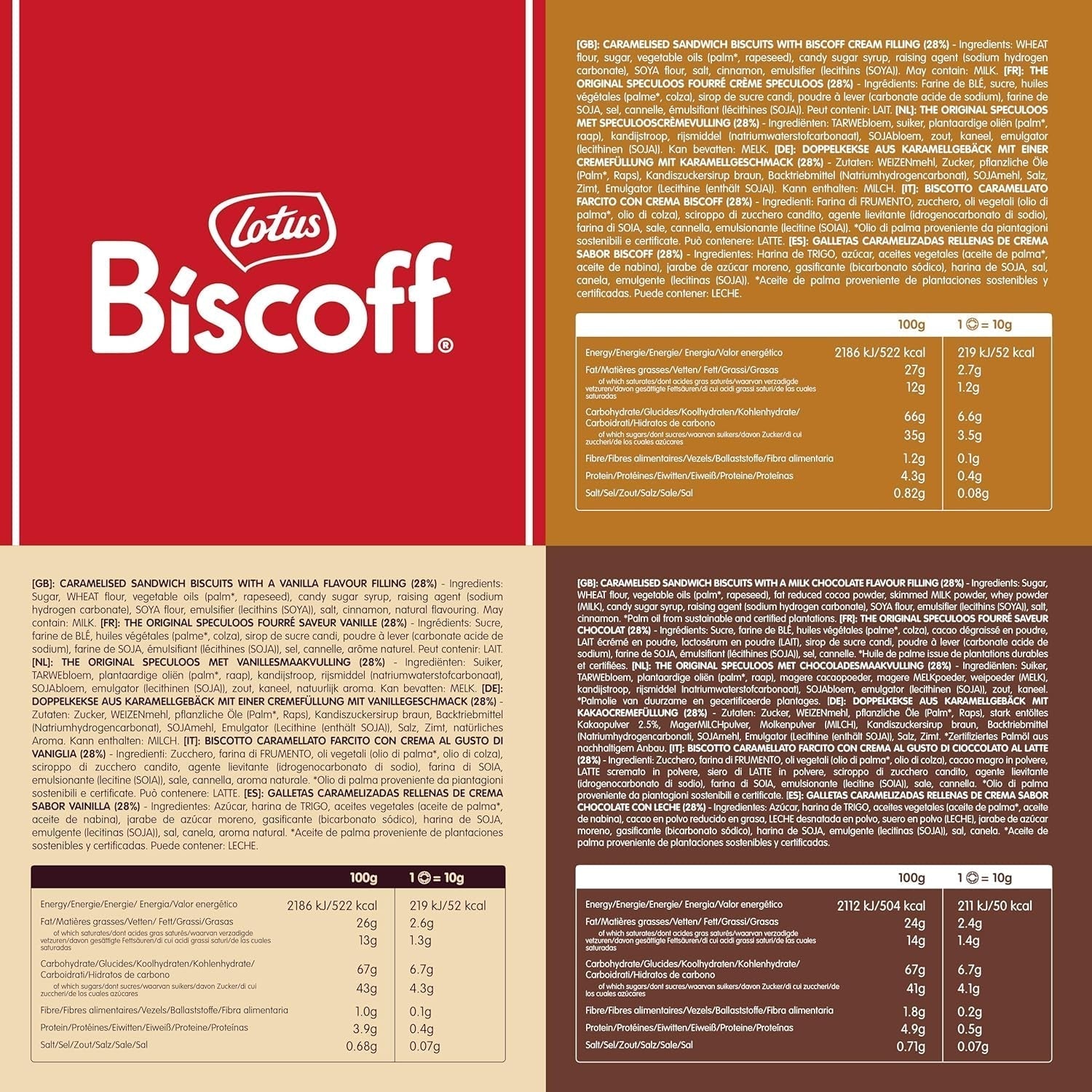 Lotus Biscoff | Doppelte Kekse-Sortenpackung | 3 Sorten: Biscoff Cream, Vanille- und Schokoladengeschmack | 5 Doppelkekse pro Packung | Inhaltsstoffe natürlichen Ursprungs | Keine Farbstoffe | 16 x 50g | 800g