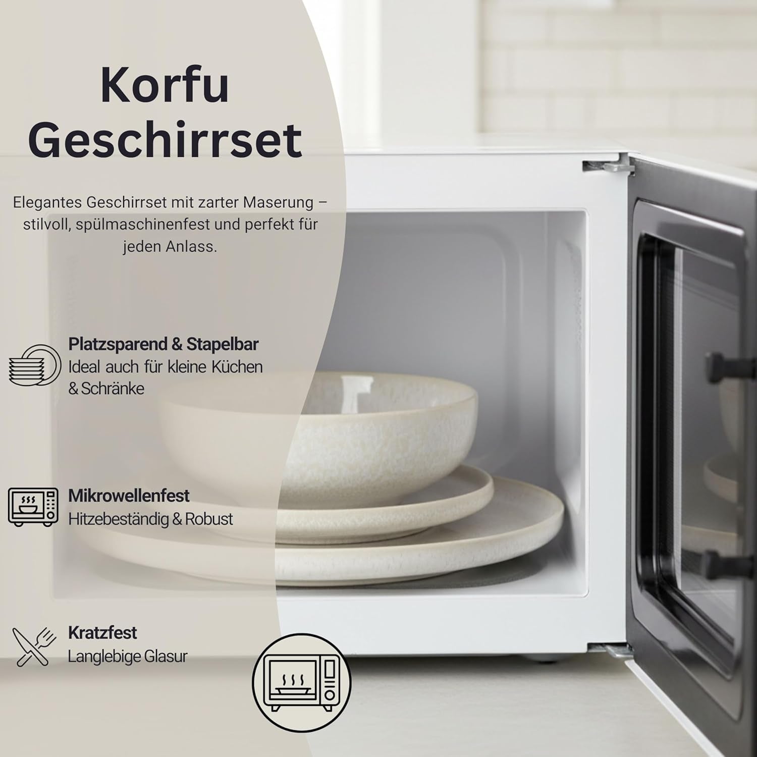 SANGER | 24-teiliges Korfu-Geschirrset Tafelservice für 8 Personen Handgefertigtes Keramik-Geschirrset inklusive Speisetellern, Desserttellern und Suma-Tellern. Cremefarbenes Geschirr mit sandiger Textur