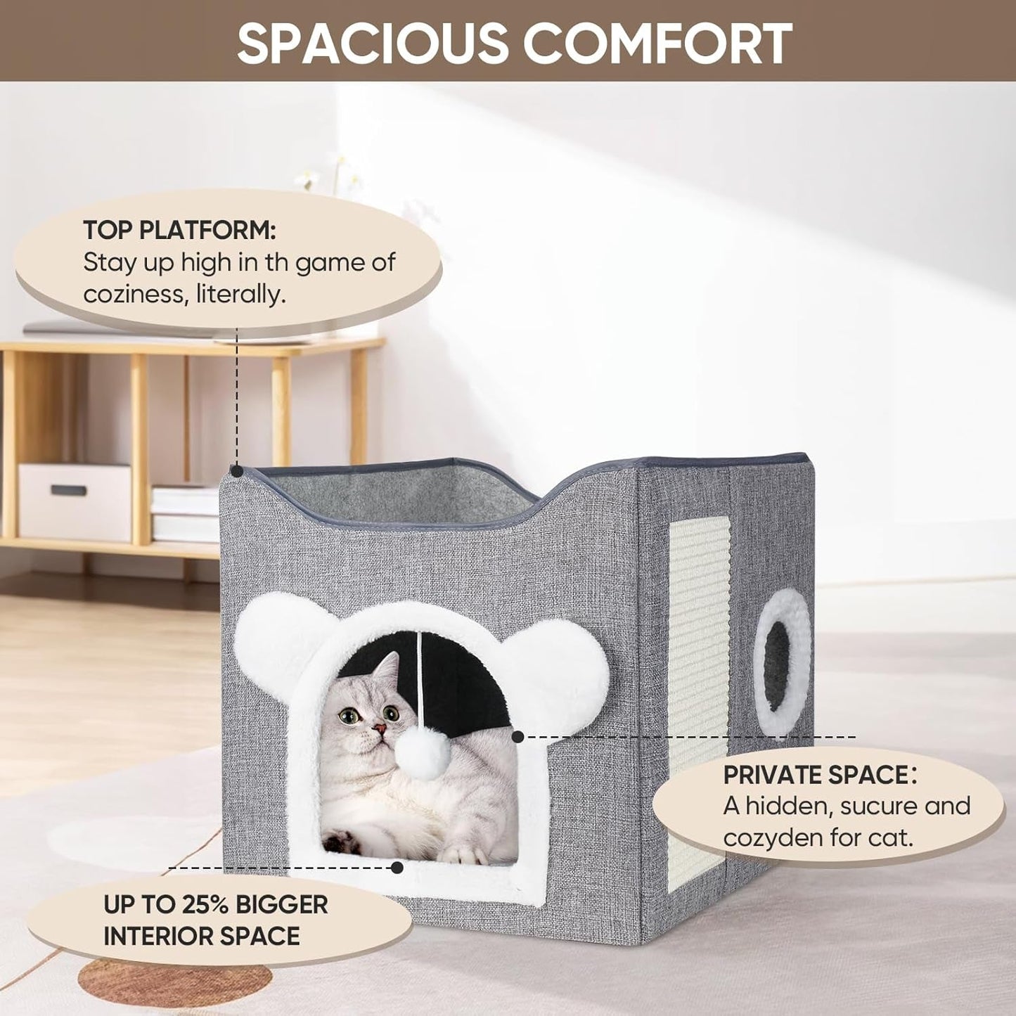 Katzenbetten für Indoor Katzen, Faltbares Katzenhaus, Katzenhöhle 2 Schicht Würfel Großer Raum Katzenbett mit Kratzbrett und Spielball, 15,8 x 15,8 x 15 Zoll