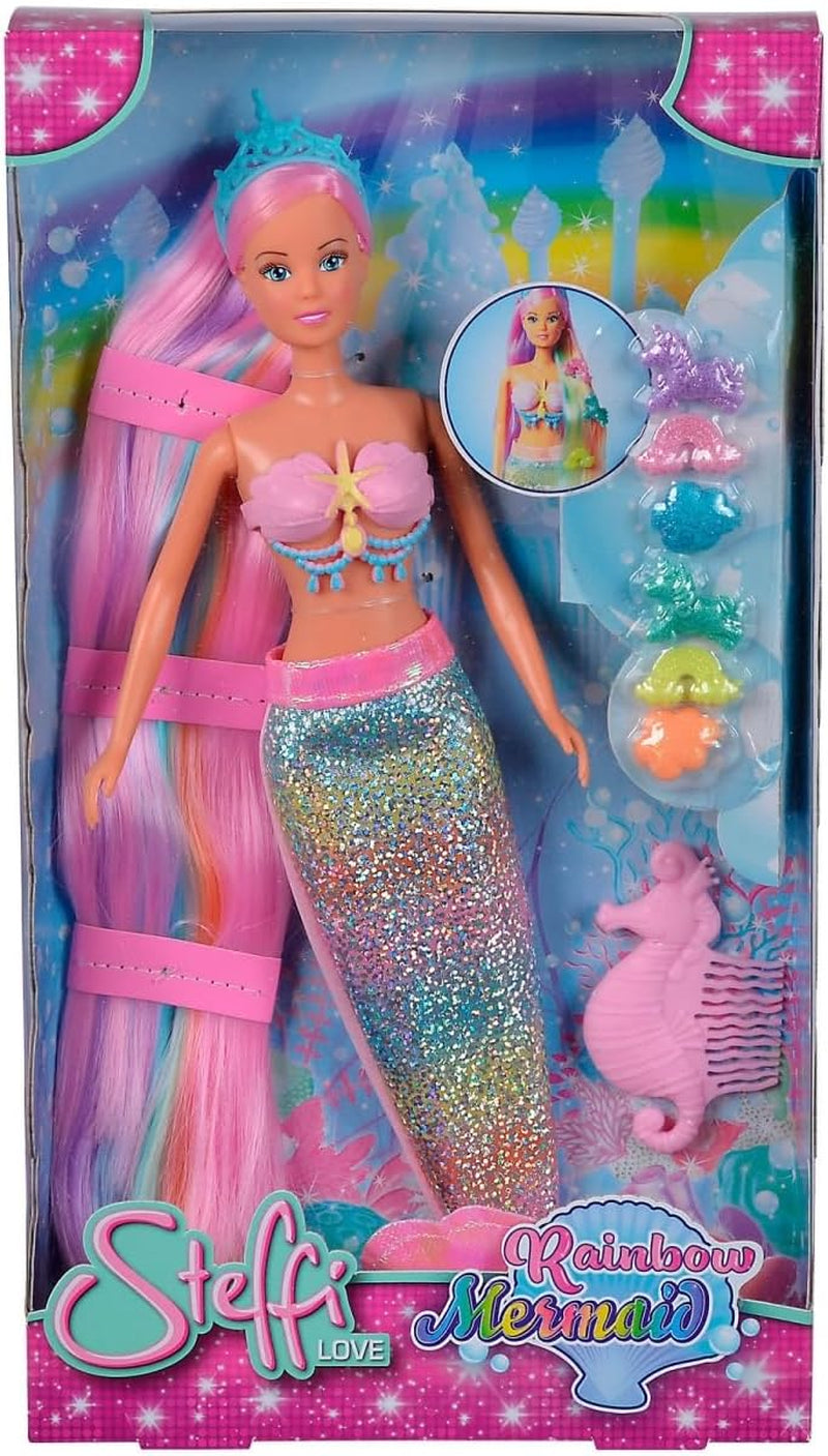 Simba 105733610 – Steffi Love Rainbow Mermaid, Regenbogen-Meerjungfrau-Anziehpuppe mit bunten Haaren, Haarspangen, Kamm und abnehmbarer Flosse, Spielpuppe 29 cm, ab 3 Jahren. Puppen Naty Shop
