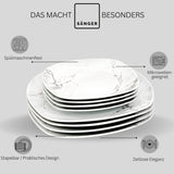 SANGER | Bilgola Marmor-Geschirr-Set, 36-teilig, für 6 Personen, mit Speisetellern, Desserttellern, Suma-Tellern, Müslischalen, Kaffeetellern und Porzellan-Untertassen, quadratisch | DIE PREMIUM-KOLLEKTION