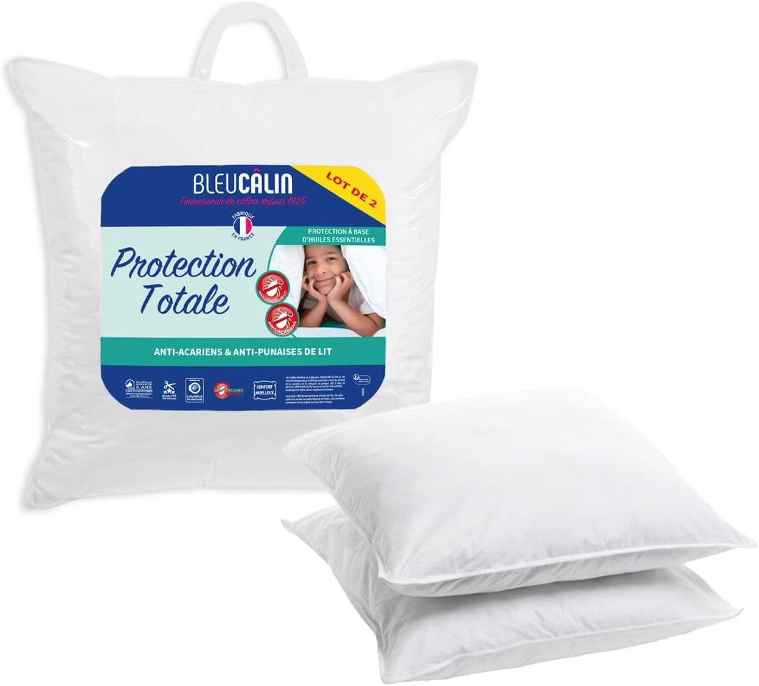 Bleu Câlin Set mit 2 Anti-Milben- und Insektenkissen, flauschiger Komfort, 60 x 60 cm, Mikrofaserbezug, vollständiger Schutz, weiß Naty Shop Standardkissen 60 x 60 cm