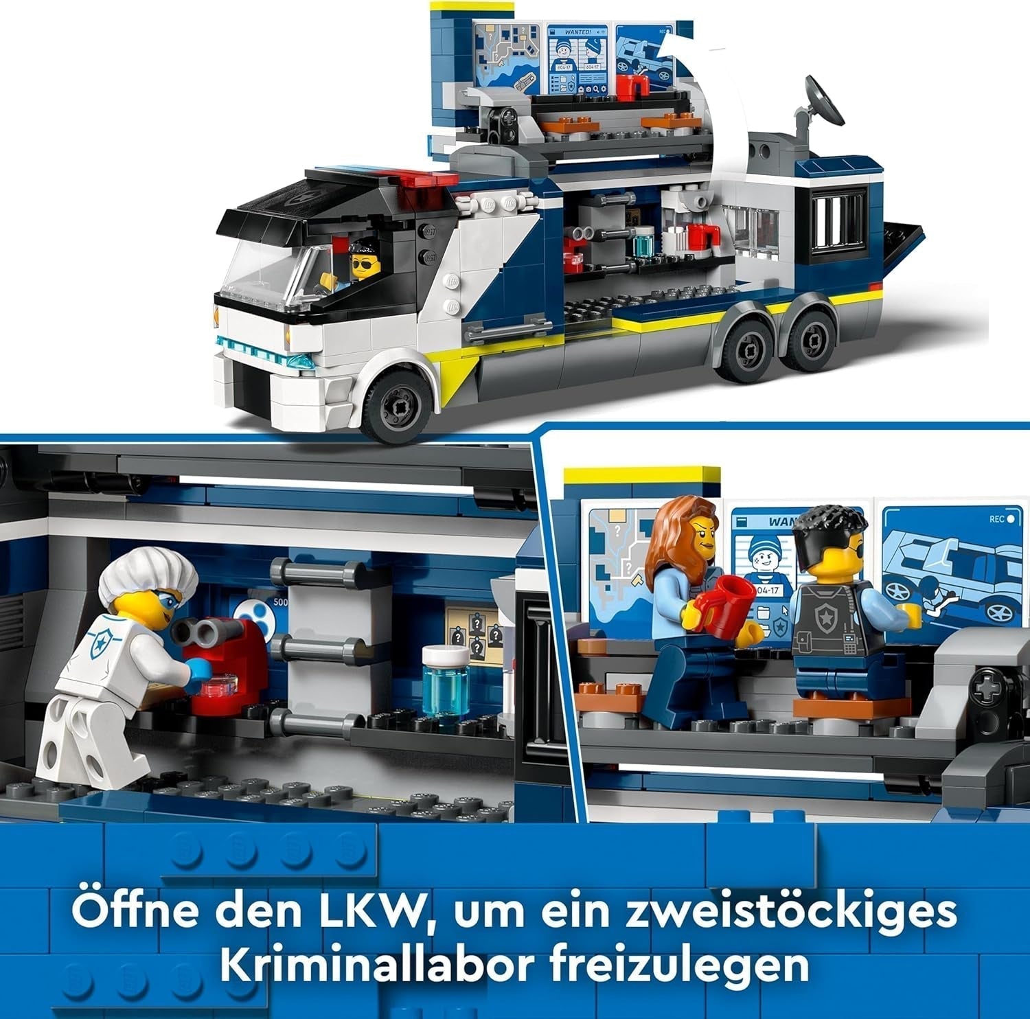 LEGO City Polizei-Truck mit Labor, Quad-Polizei-Set und Spielzeug-Truck für Kinder, Geschenk für Jungen und Mädchen ab 7 Jahren, plus 5 Minifiguren – 2 Polizisten, 1 Wissenschaftler und 2 Gauner 60418 Bausets Beuche den LEGO-Store