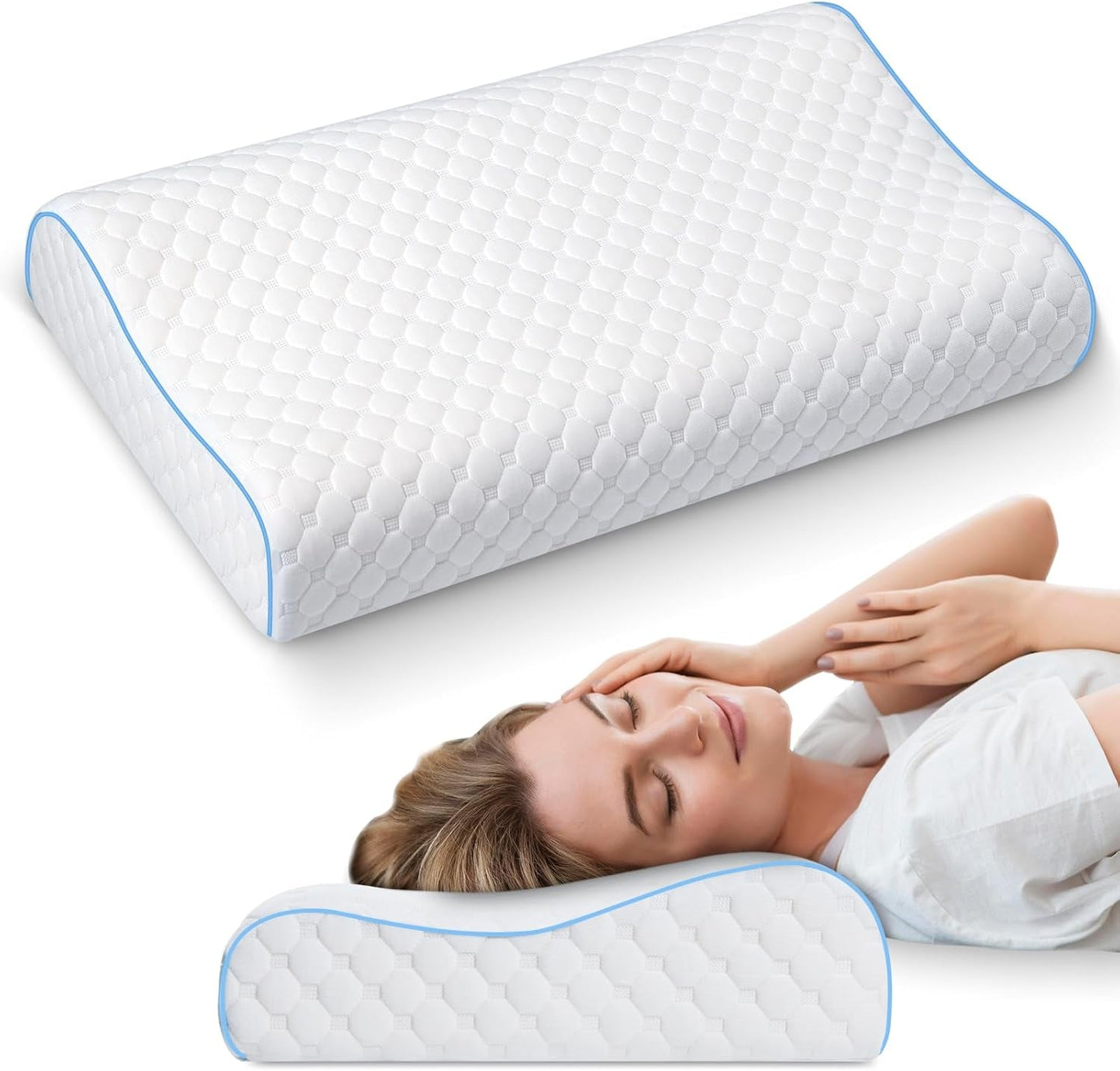 PHYSEN Orthopädisches Kissen, Nackenkissen, Nackenstützkissen, Memory-Schaum-Kissen, ergonomisches Nackenschmerzkissen, Schlafkissen, Anti-Schnarch-Kissen für Seiten, Rücken und Bauch (62 x 34 x 11,6,5 cm). Orthopädische Nackenkissen, Naty Shop, Weiß-Blau