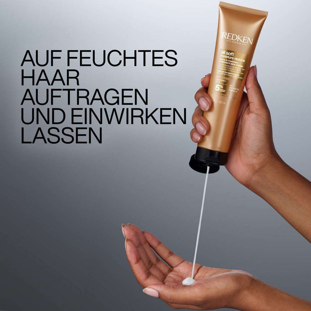 Redken Haarmaske mit Hyaluronsäure für trockenes Haar, Anti-Frizz und Hitzeschutz bis 230 °C, All Soft Moisture Restore Leave-In-Maske, 1 x 150 ml Naty Shop Haarmaske