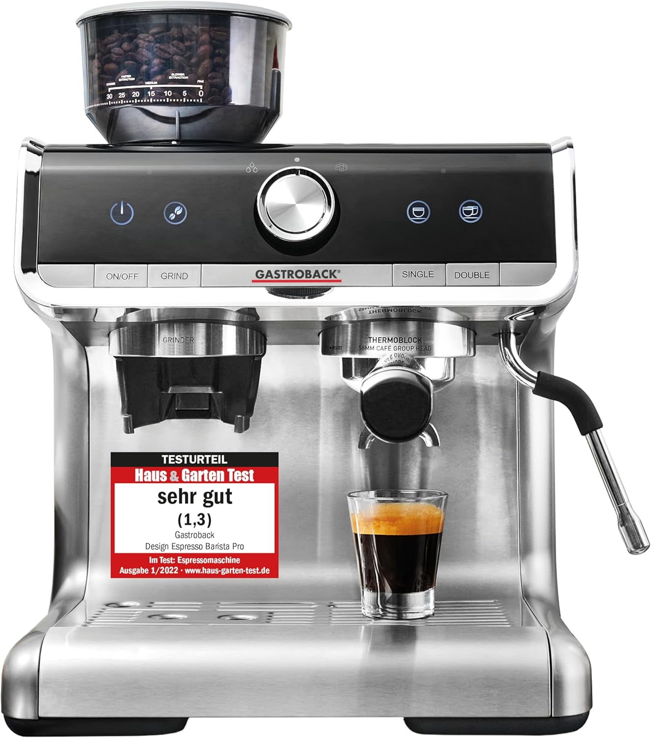 GASTROBACK Espressomaschine mit Mahlwerk inklusive Milchkännchen, Presser und Edelstahl-Siebträger – Barista-Espressomaschine mit Milchaufschäumer – Espressomaschine mit 30 Mahlgradeinstellungen