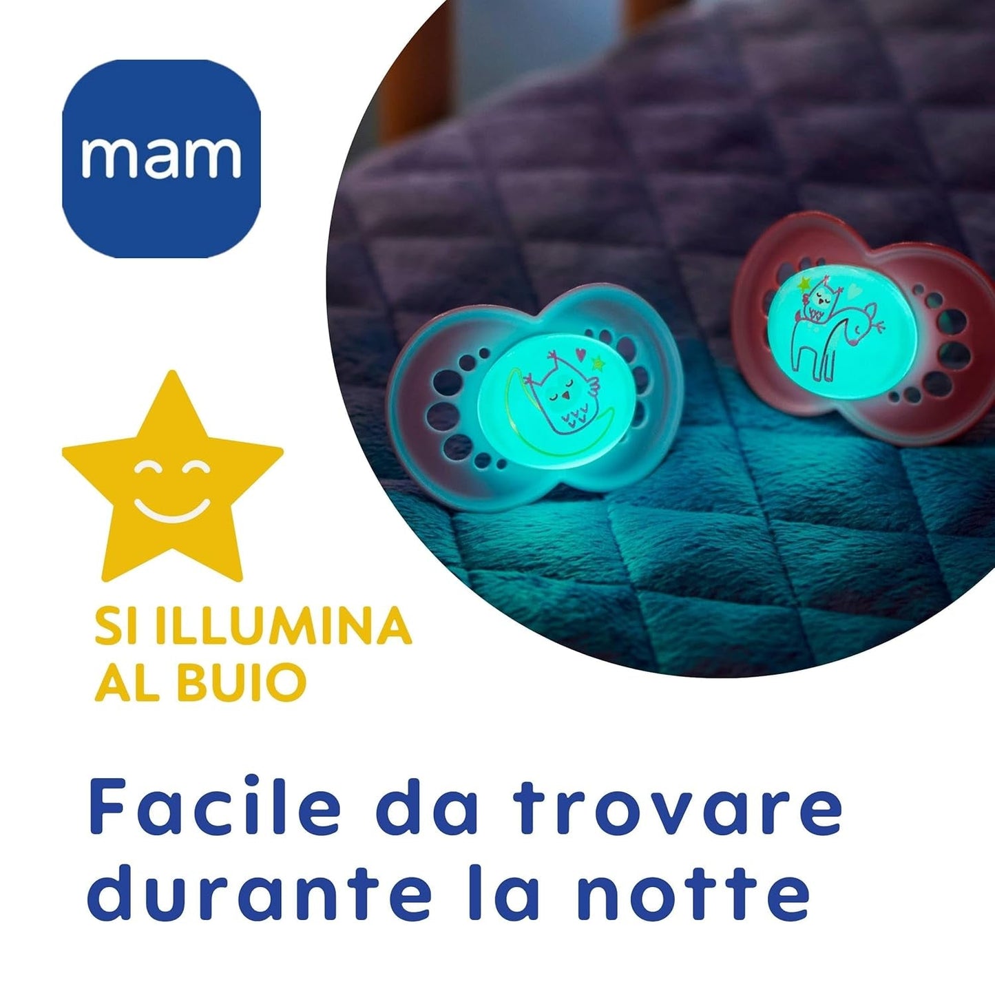 MAM Schnuller ab 6 Monaten (2er-Pack) MAM 6–16 Monate, leuchtet im Dunkeln mit Gummisauger, 2er-Pack mit sterilisierendem Schnullerhalter, Hellblau/Hellblau