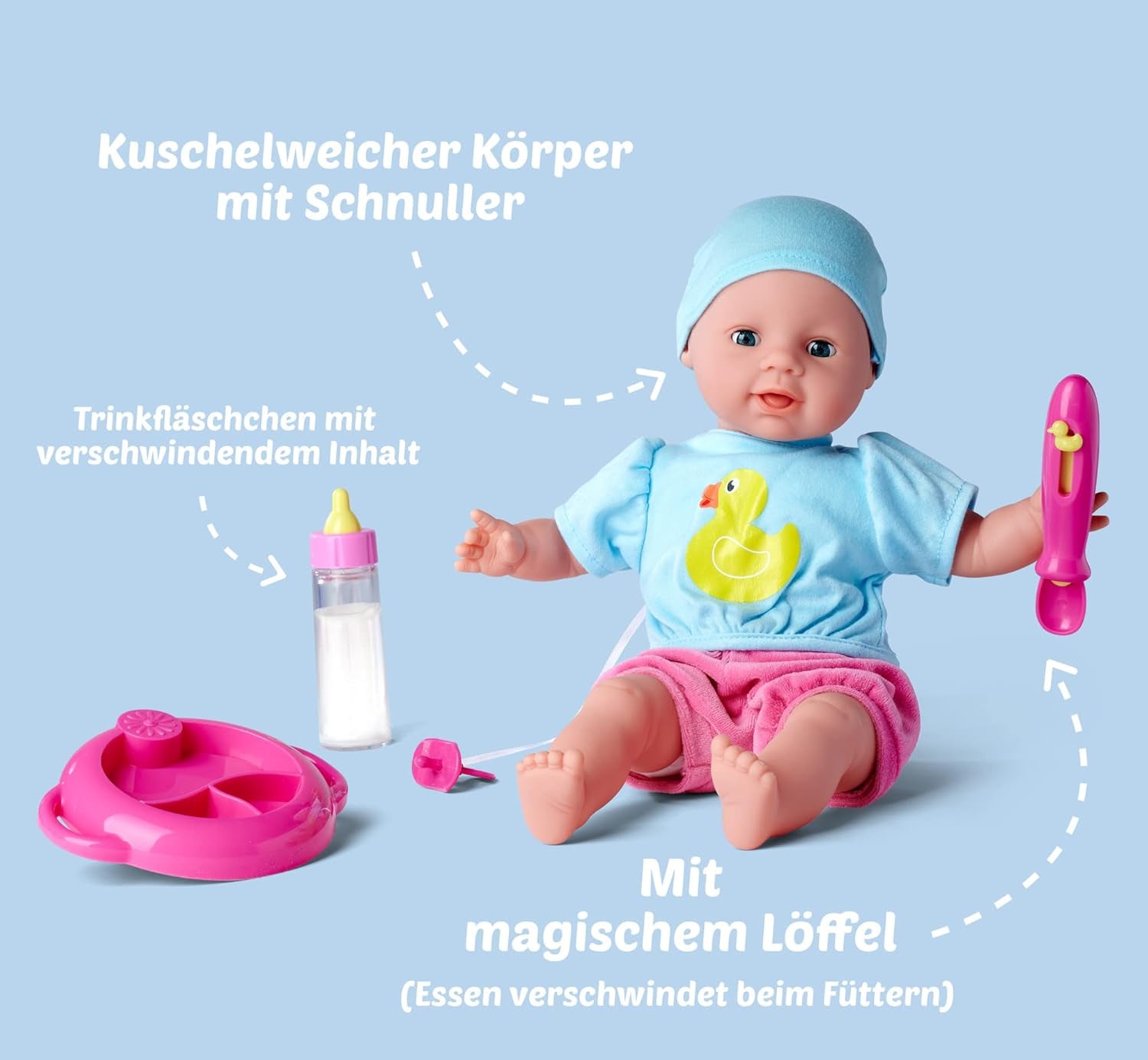 Simba 105010964 – Laura Hungry Kuschelpuppe mit Schnuller, Zauberlöffel, verschwindender Flasche und Teller, 38 cm, Babypuppe für Kinder ab 2 Jahren