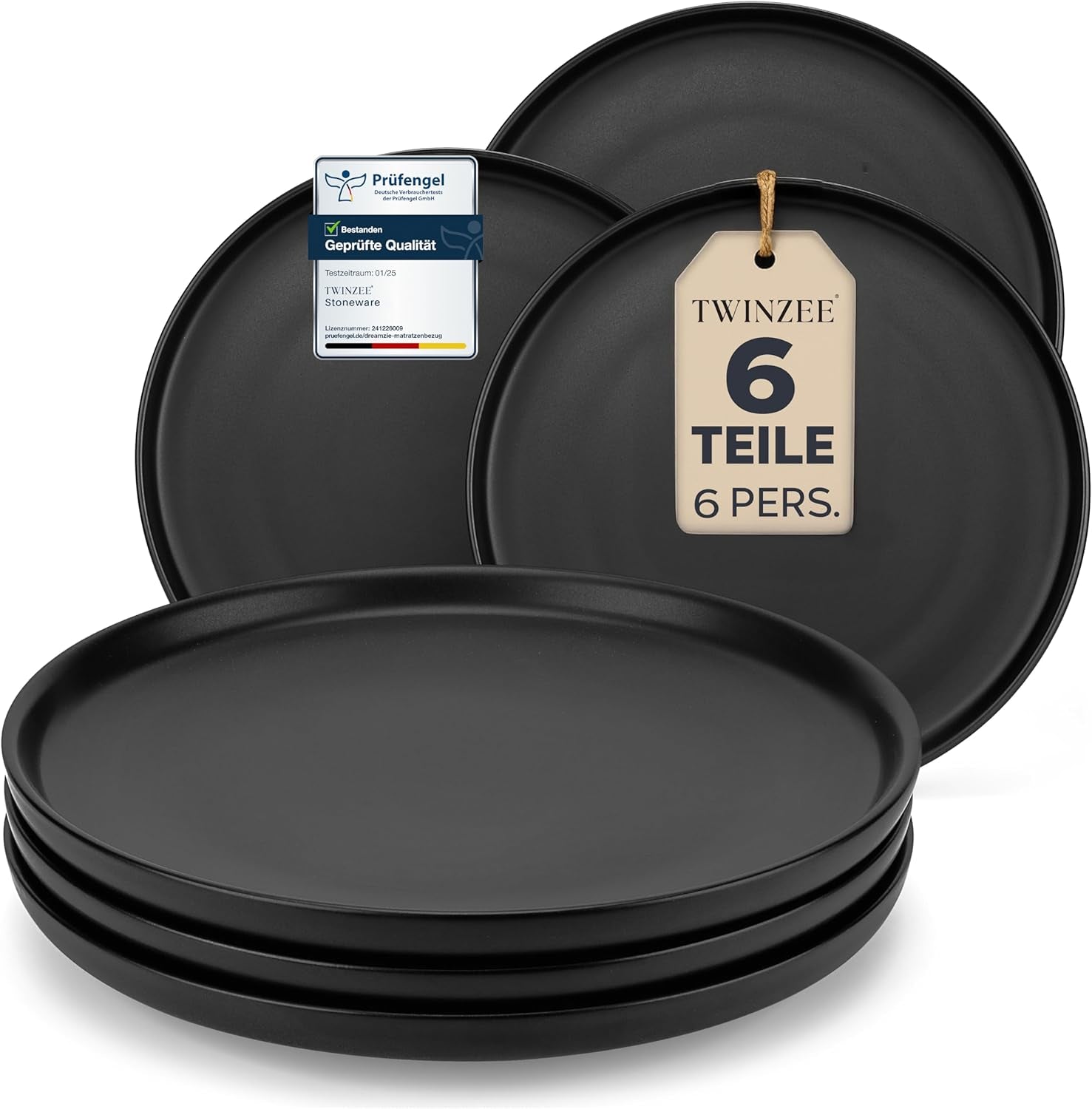 Steingut-Teller-Set für 6 – Mattschwarz. 6-teiliges Set, große, mikrowellengeeignete Teller, elegantes Design – Twinzee Ebony-Kollektion
