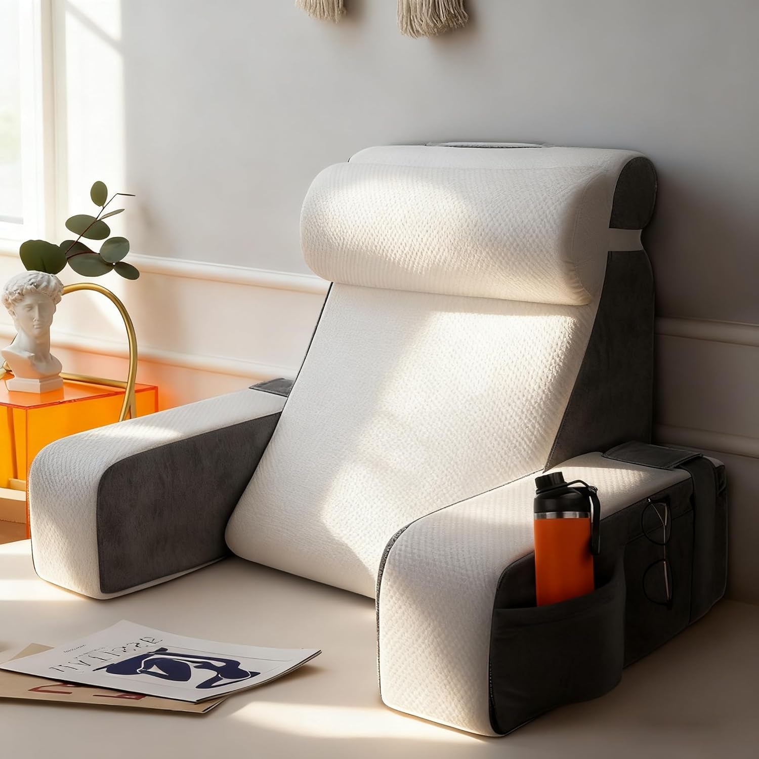 Großes Lesekissen mit abnehmbarer Nackenstütze und Armlehnen, Rückenkissen fürs Bett, ergonomisches Rückenkissen mit Armlehne, Tasche und waschbarem Bezug zum Lesen und Fernsehen.