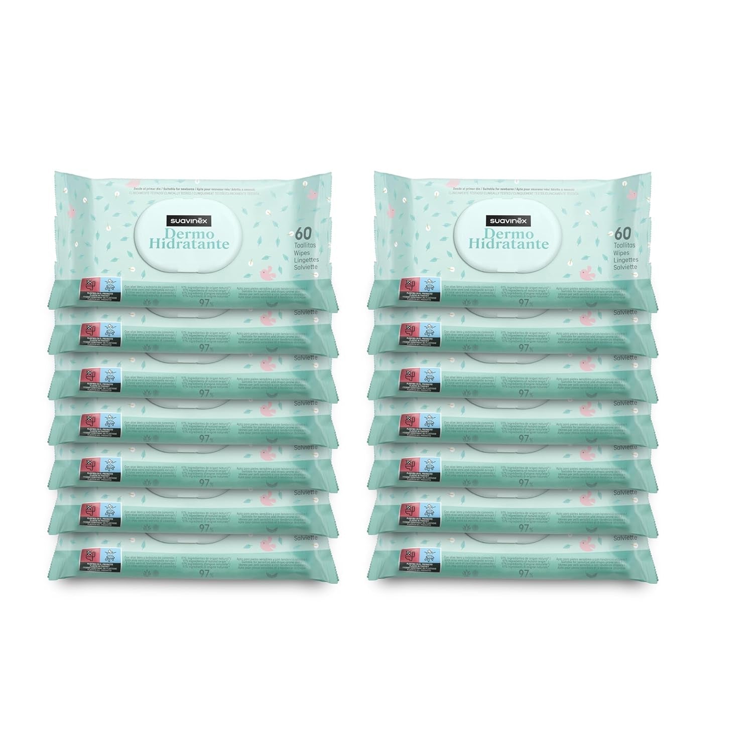 Suavinex 14 Packung mit 60 Baby-Feuchttüchern (insgesamt 840 Tücher), feuchtigkeitsspendend, geeignet für atopische Haut, 95 % natürliche Inhaltsstoffe