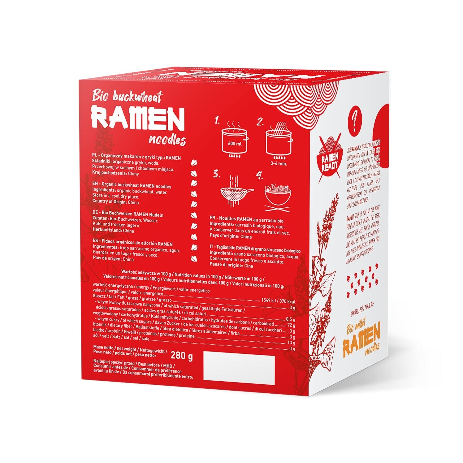 DIET-FOOD Bio-Buchweizen-Ramen-Nudeln, vegetarisches und veganes Essen, fettfrei, sojafrei, glutenfrei, wasserlösliche Diätnudeln, kalorienarm, 280 g